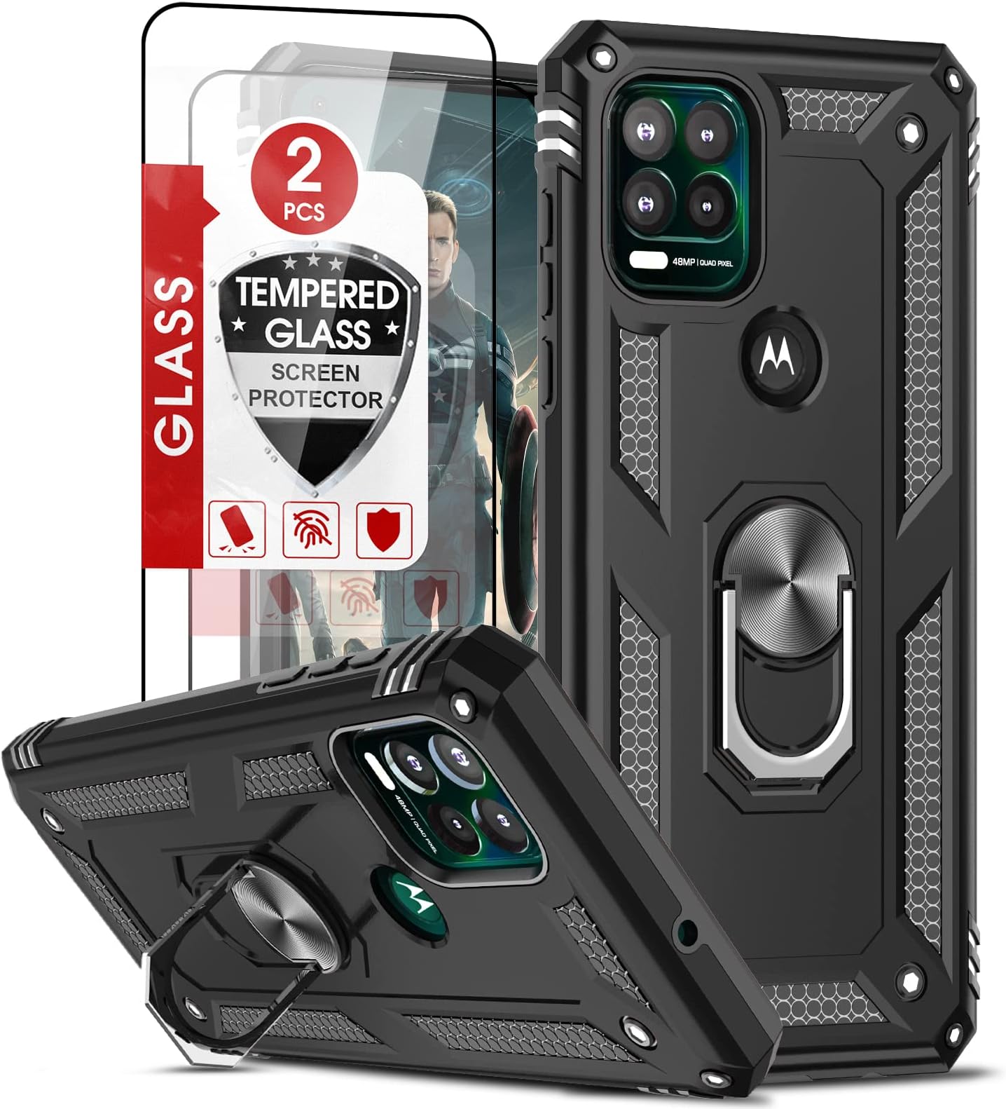 LeYi for Military-Grade Moto G Stylus 5G Phone Case 2021 with Magnetic Ring Kickstand & 2 Tempered Glass Screen Protectors - Black