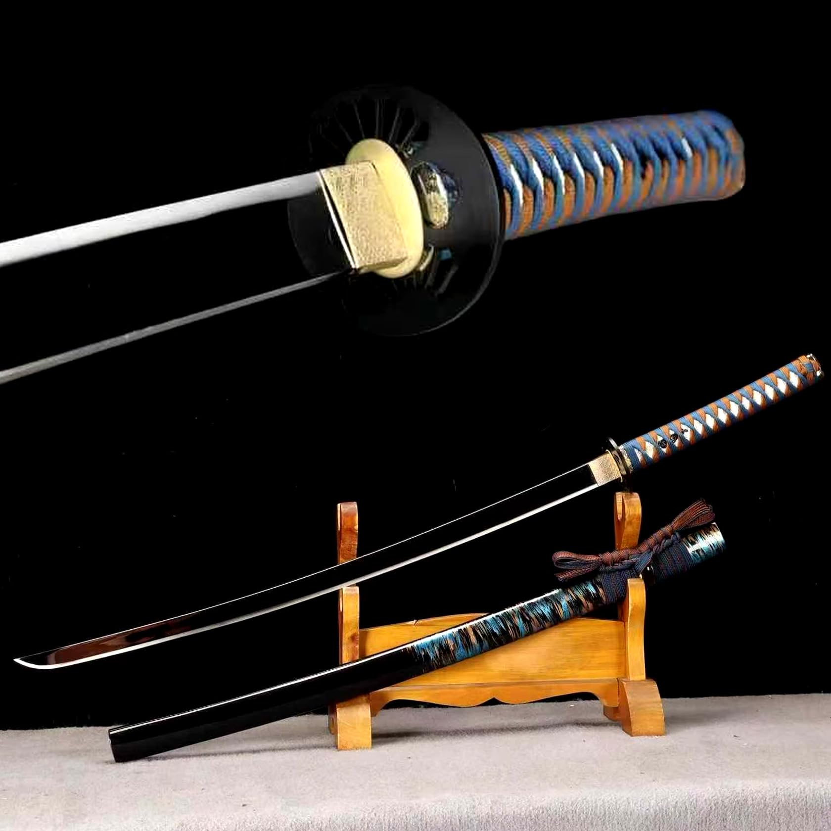 103cm Japanisches Katana-Schwert,Federstahl Klinge,Eiserne Tsuba,Holz Saya,echtes Samuraischwert,Tradition Samurai-Schwert für Schwertkampftraining,Display,Geschenke,Requisiten,Cosplay