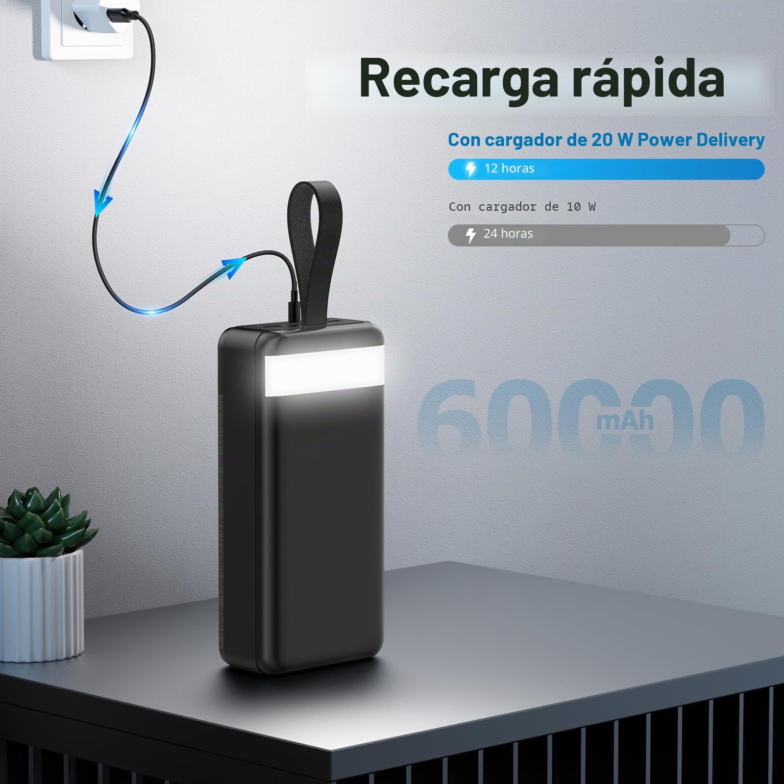 Power Bank 60000 mAh 22,5 W Carga Rápida Cargador USB-C Carga Rápida con 4 salidas y 3 entradas, Pantalla LED Enorme capacidad Batería externa para la mayoría de dispositivos electrónicos