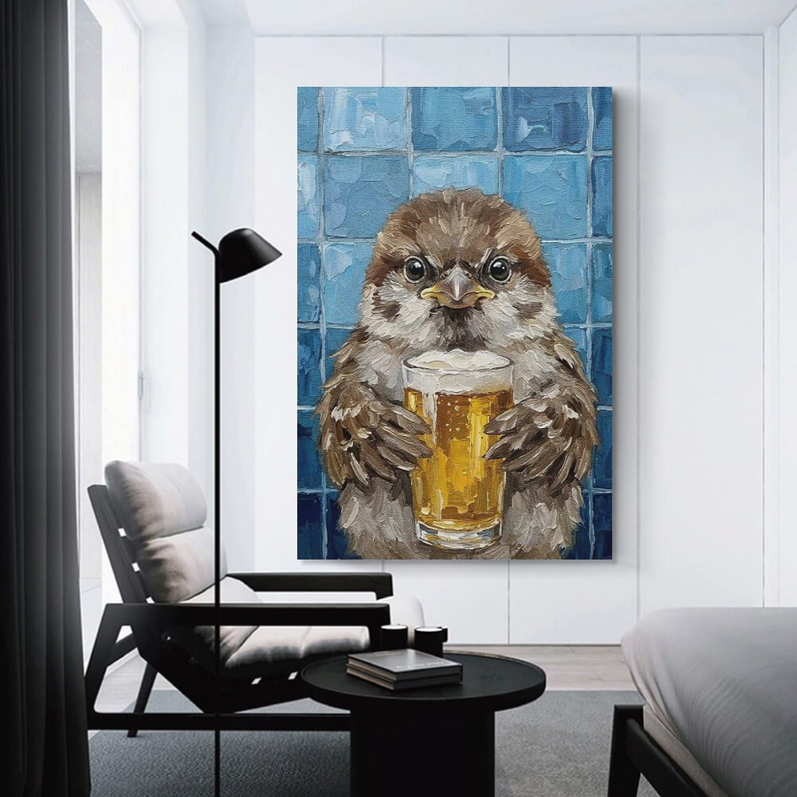 Junmoney Sparrow with Beer Painting Wall Decor Canvas Print, 12x18inch(30x45cm), for Living Room, Lounge Or Sitting Room, Easy Decor for Gallery Walls