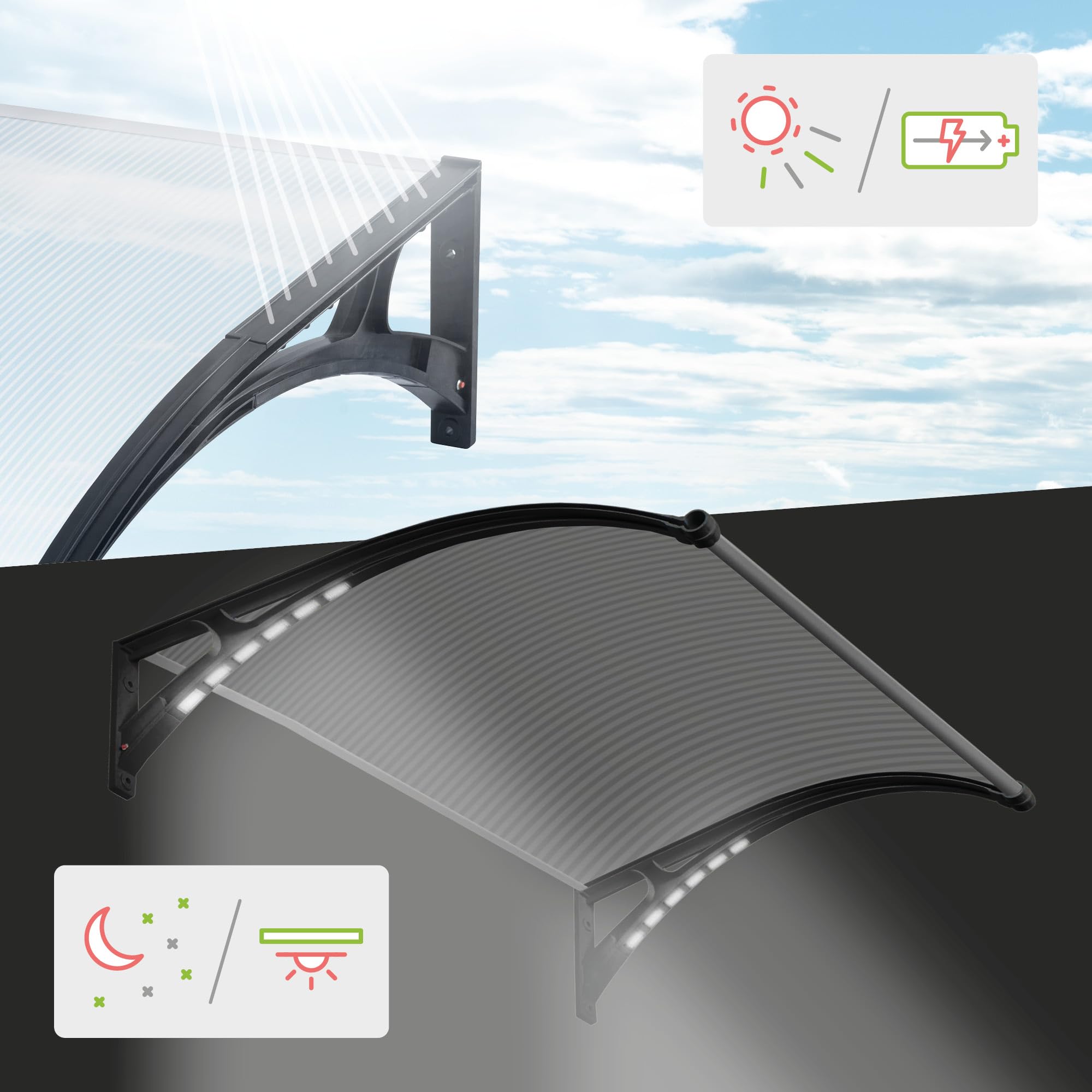 Wasabi - Marquesina Puerta Exterior 150x100cm Light Solar LED – Policarbonato 5,2mm – Soportes Reforzados de Plástico – Incluye Luz Solar LED – Tejadillo Protección Lluvia Ventana Resistente