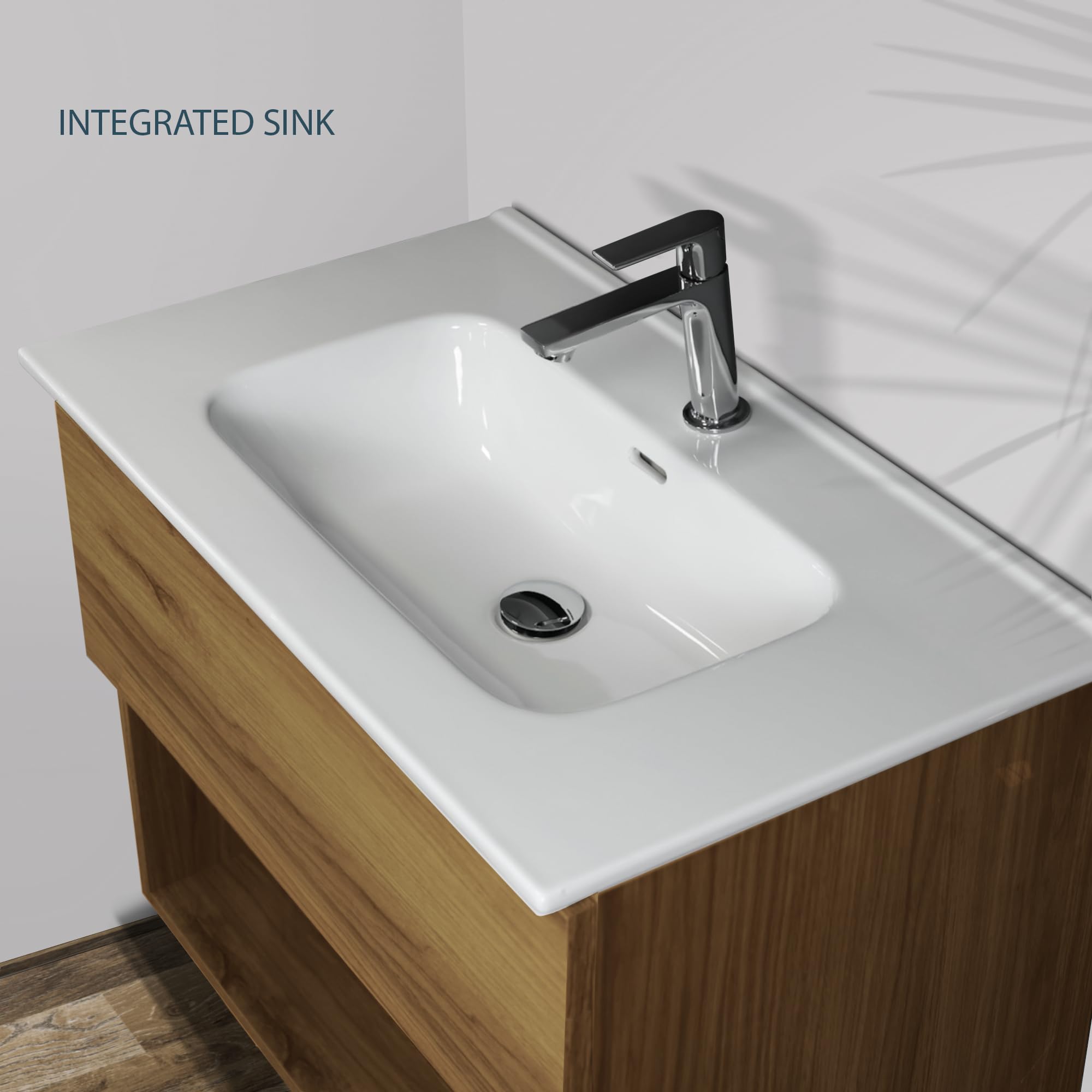 Mueble de Baño PANTER Decorativo 60 cm Marrón Madera, 1 Cajón Soft Close, Encimera Cerámica Blanco Brillo con Lavabo y Espejo Ovalado LED Antivaho, Diseño Suspendido, Compacto