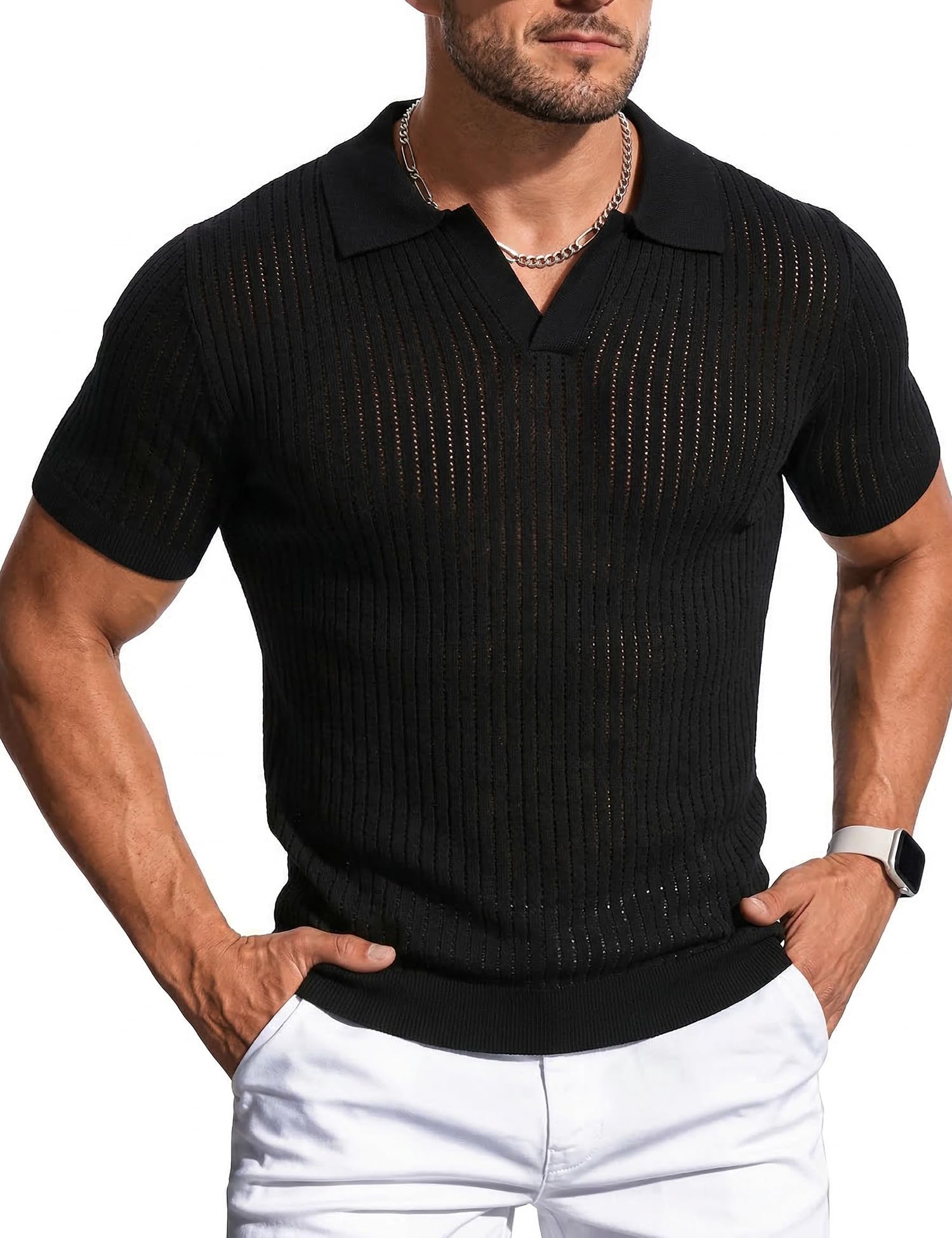 gigkik Mens Polo Shirts Ribbed Hollow Knit Polo Shirt Short Sleeve Muscle V Neck Golf Tees