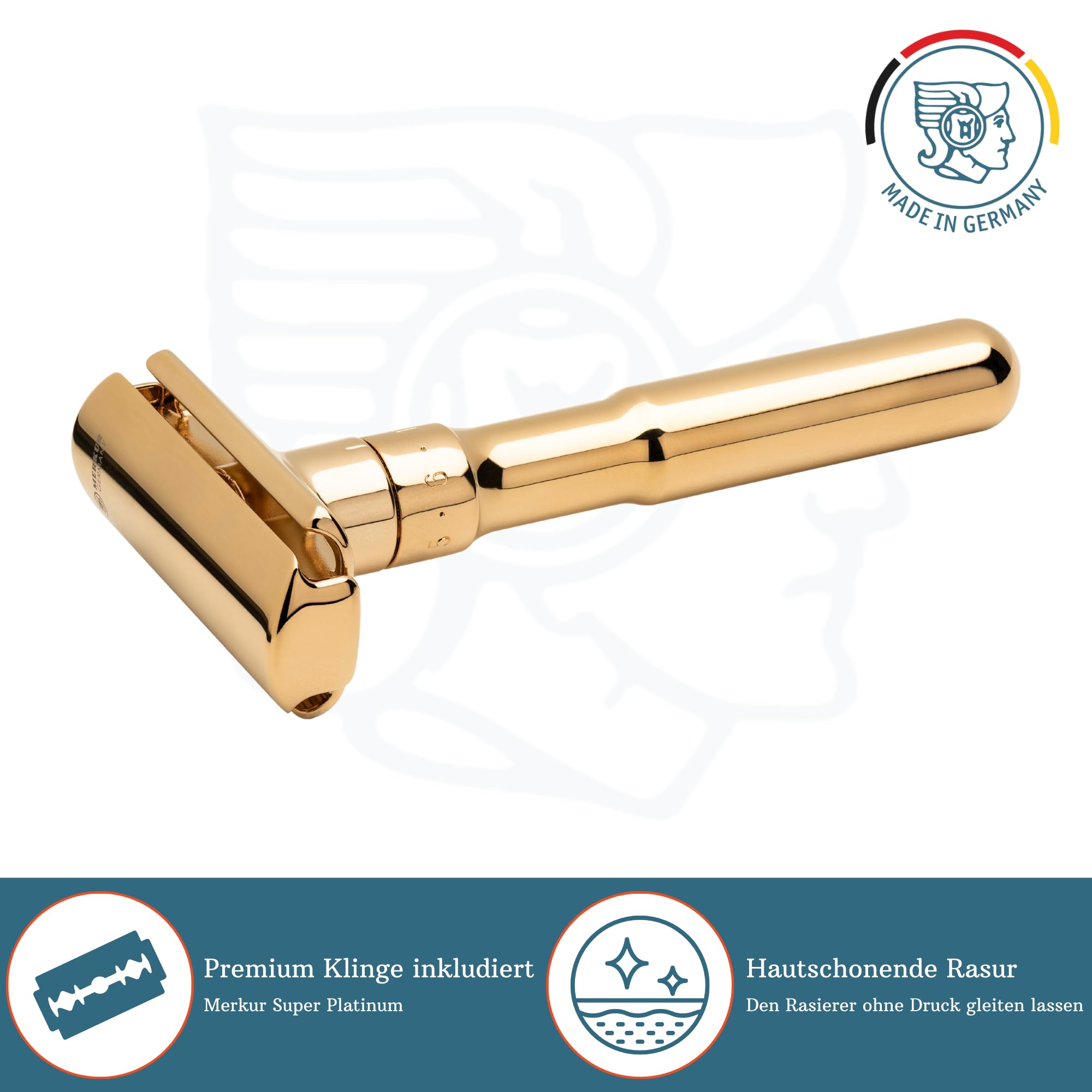 MERKUR Glanzgold 702003 - Maquinilla de afeitar (2 piezas, corte recto, ideal para afeitado en húmedo, zinc fundido, mango de latón, fabricado en Alemania