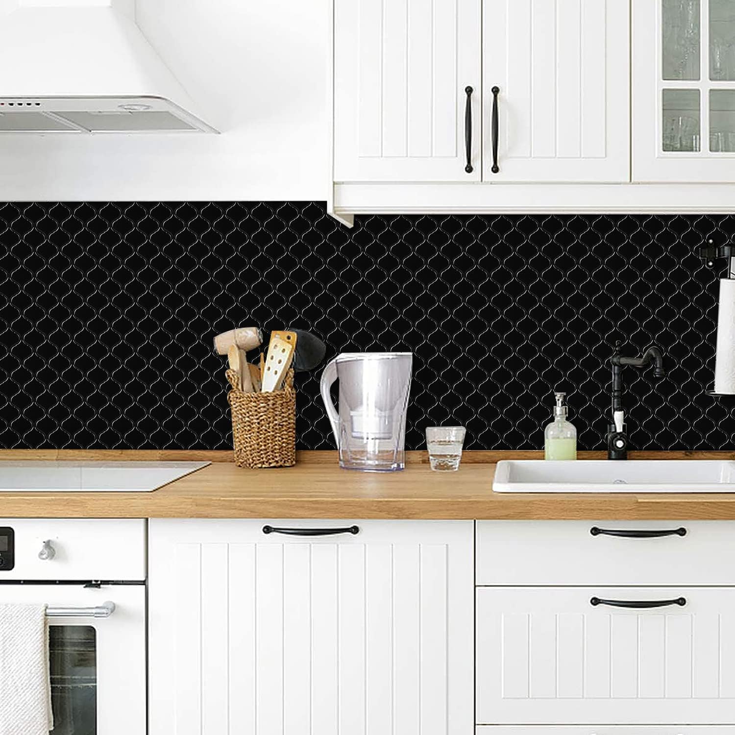 STICKGOO Arabesque Peel and Stick Backsplash, 12”X12” Backsplash Tile for Kitchen Peel and Stick, Self Adhesive Wall Tile Stick on Tiles (Thicker Design, Black)