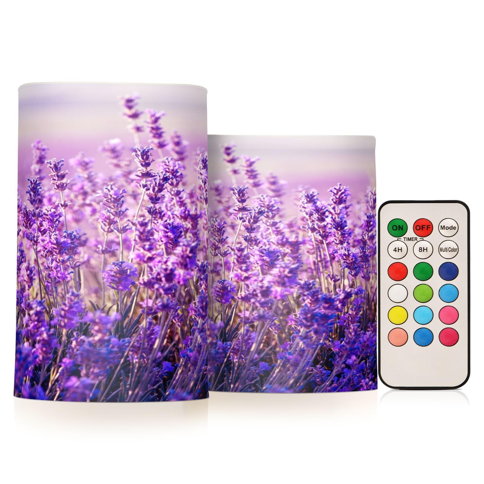 Quteprint 2 Pack Flameless Candles with Remote Timer Flickering LED Candles, Purple Flowers Lavender Battery Operated Candles Tea Lights Fake Candles for Home Bathroom Halloween Christmas Party