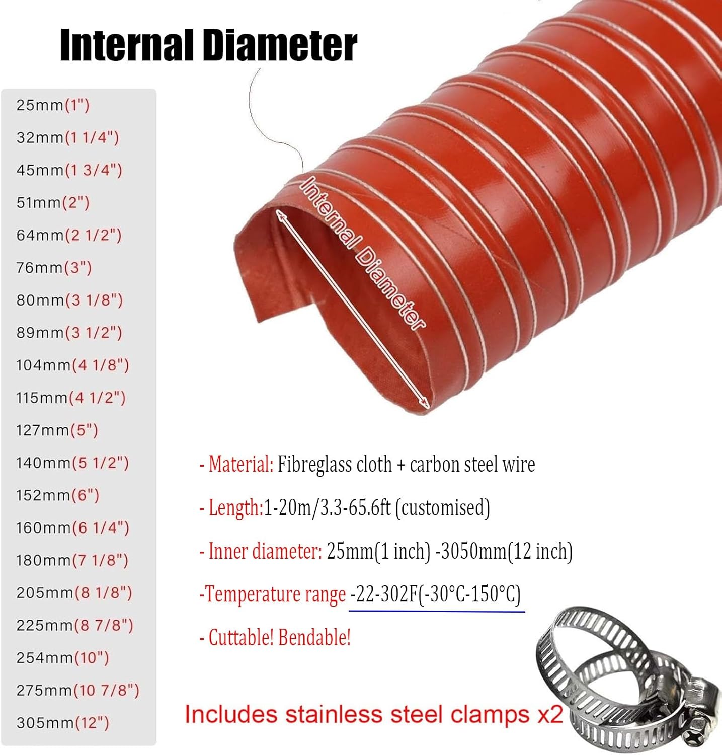 Flexible Duct Hose 1-10m, 1-12in Diameter, Industrial Exhaust Hose for Fans, Fiberglass Ventilation Duct for Automotive & HVAC Applications, Durable & Heat Resistant