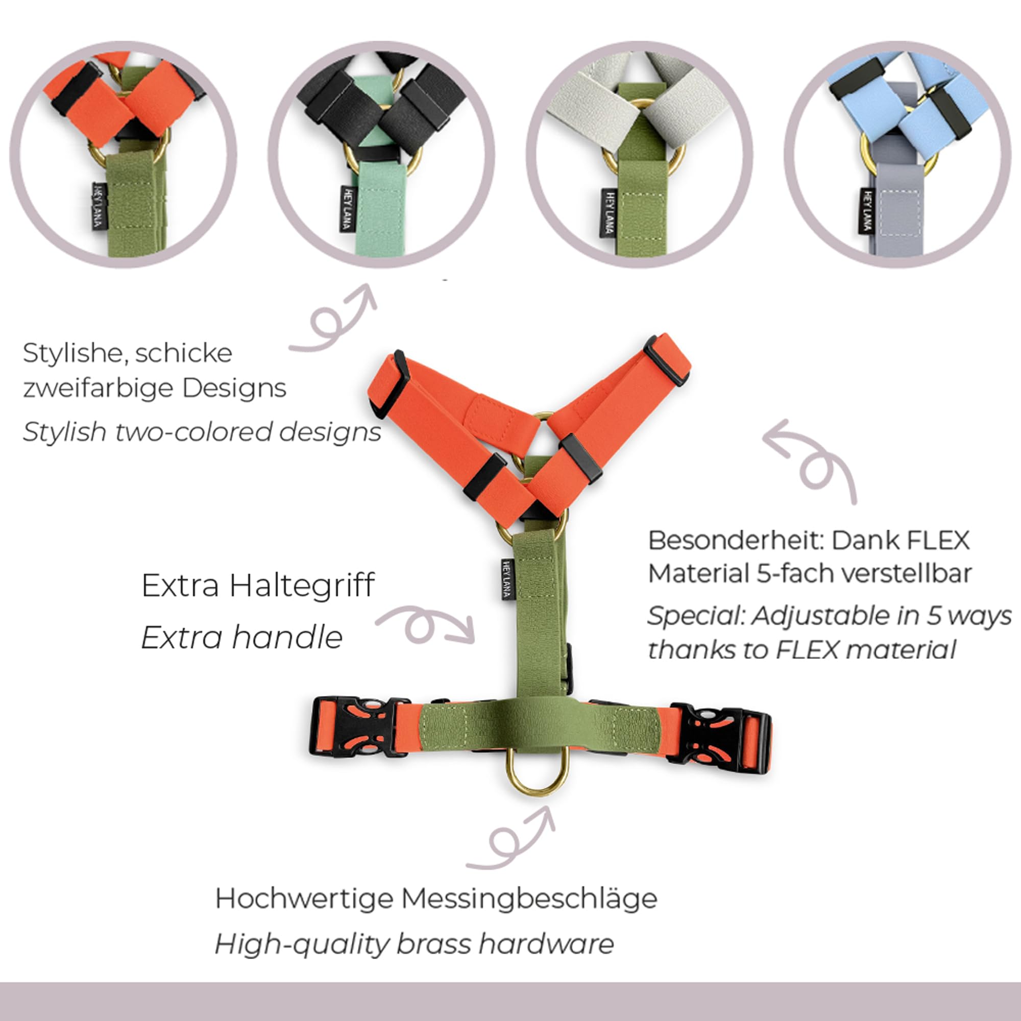 Pettorina per cani impermeabile, regolabile in 5 direzioni, Made in Germany, per razze da piccole a molto grandi, accessori per cani (M, arancione/verde)