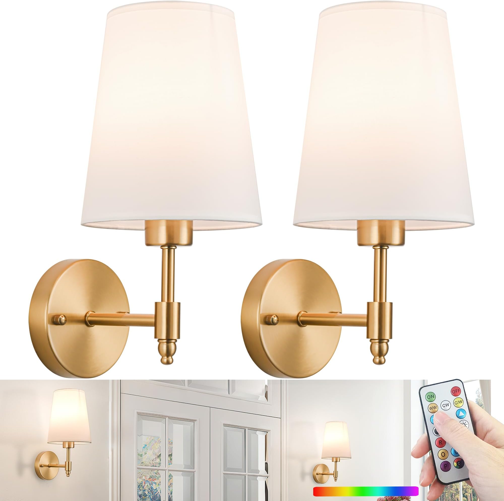 slywise Battery Wall Sconces Set of Two,Battery Operated Sconces Up to 50 Hours Long Life,Rechargeable Cordless Wall Sconce USB Charging, RGB Fabric Wall Lights No Hardwired Need (Color : Brass)