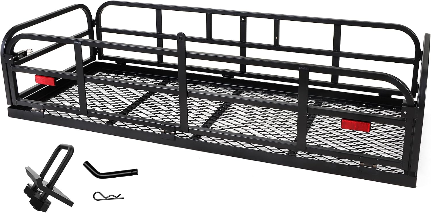 500Lbs Folding Hitch Mount Cargo Carrier 60 x 24 x 14 AUSUM MOTOR Trailer Hitch Cargo Basket with High Side Rails, Rear Luggage Basket Universal Fits 2" Hitch Receiver for SUV Trucks