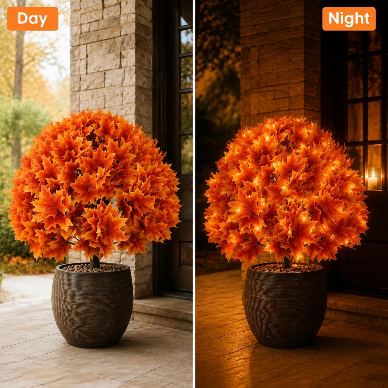 Artificial Fall Maple Topiary Tree with Lights 27.5in Set of 2