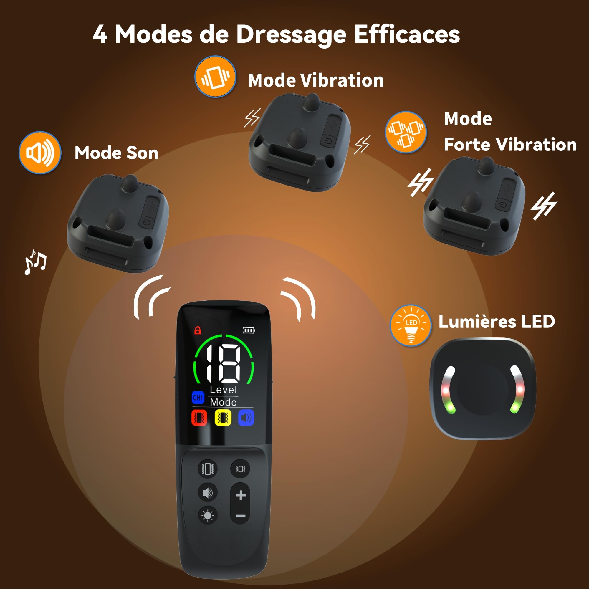 Collier de Dressage, Conformes à La Nouvelle Loi 2025 - Collier Vibrant - Portée de 2500 Mètres, Rechargeable avec 4 Modes Lumières LED/Son/Vibration/Forte Vibration, Résistant à l'eau IP67