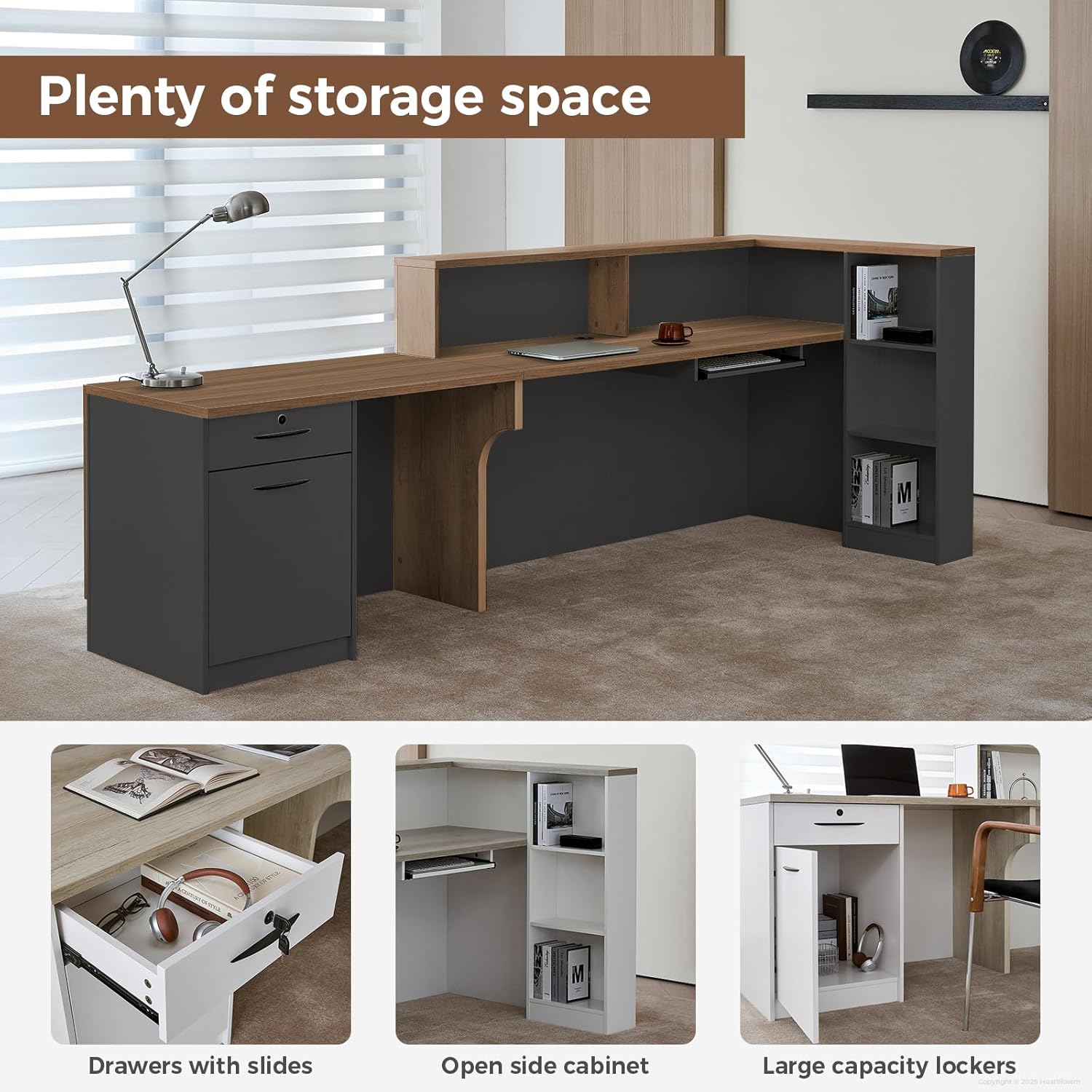 94" L-Shaped Reception Desk with Counter, Drawers, Open Shelves and Keyboard Tray, Modern Front Desk for Office Reception Area, Walnut+Iron Gray, Right Cabinet