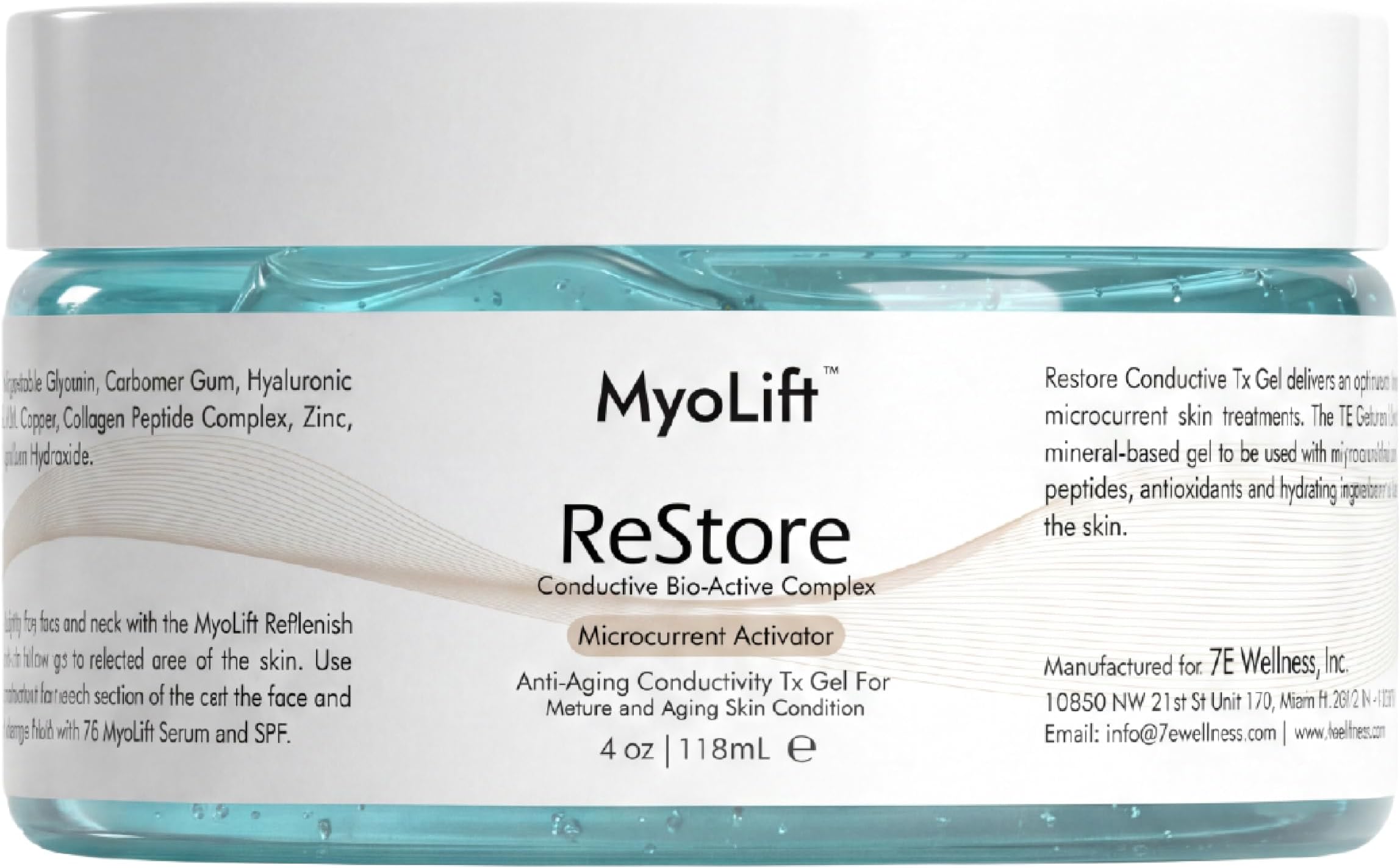 7E Wellness ReStore Gel, 4 oz, Microcurrent Conductive Gel | Hydrating facial conductive gel with hyaluronic acid, green tea, collagen peptides and sea kelp