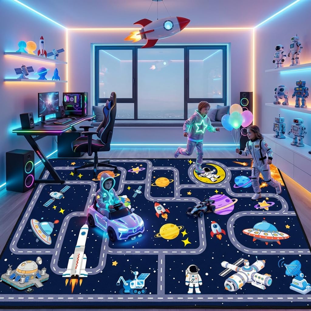 Space Rug 6x8 Feet Non Slip Kids Area Rug for Toy Cars Solar System Educational Road Traffic Carpet with Planets Astronauts Galaxy Theme for Boys Bedroom Playroom Nursery Dark Blue