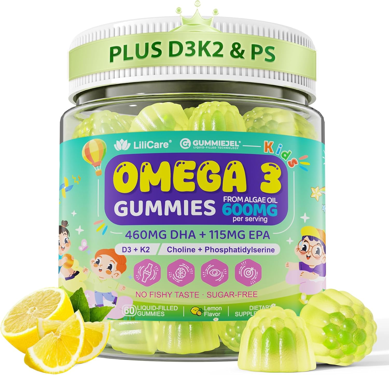 Omega-3 for Kids 4+, Algae EPA & DHA Gummies Plus Vitamin D3 K2, Choline & PS for Brain, Bone, Cognitive & Immune Health, Zero Sugar Children Ultra-High DHA Fish Oil Alternative Lemon Flavor, 60 Cts