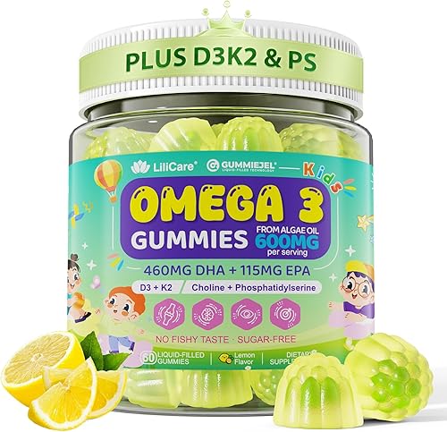 Gomitas omega-3 para niños para mayores de 4 años, aceite de algas DHA y EPA con vitamina D3 K2, colina y PS, suplementos de aceite de pescado
