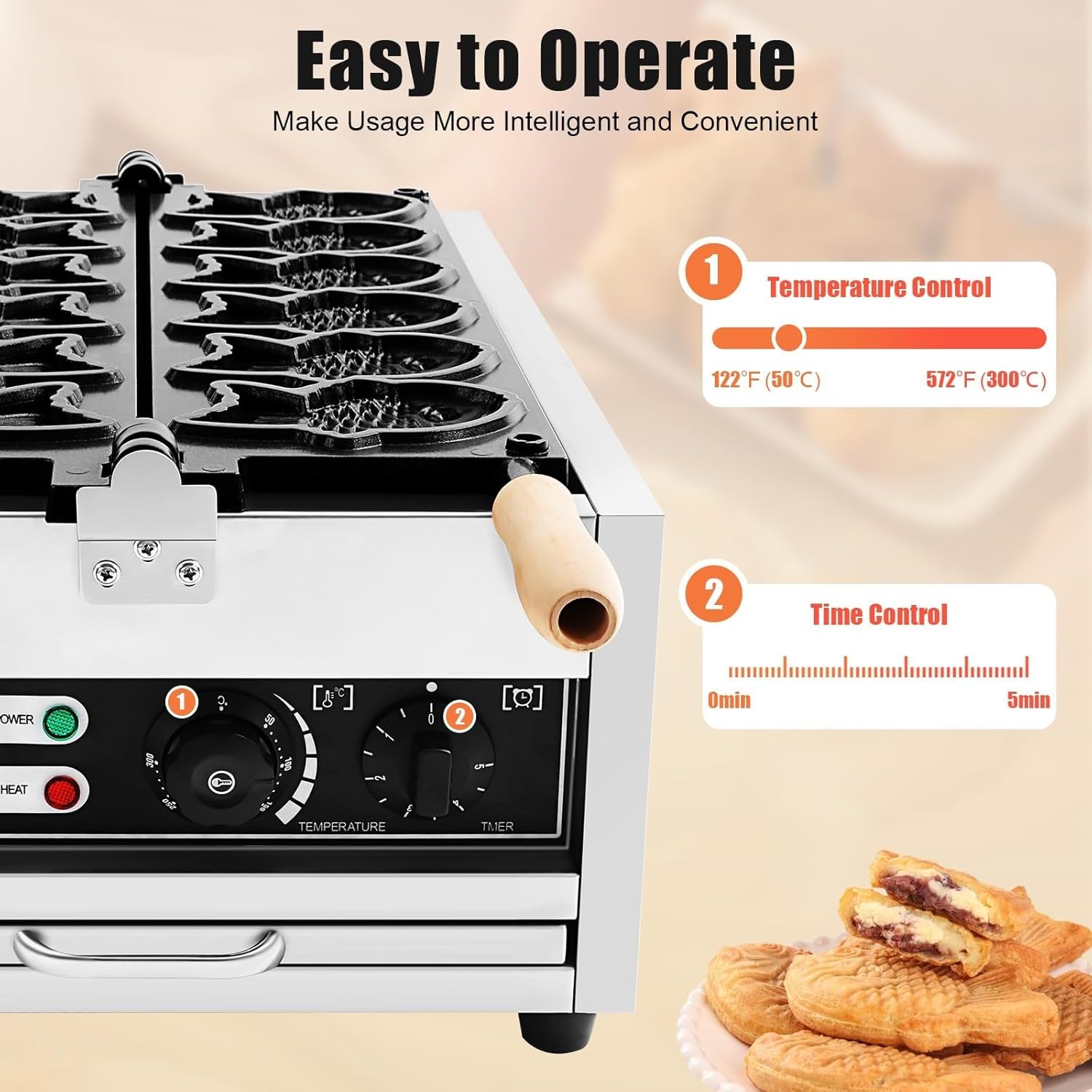 Commercial Taiyaki Fish Waffle Maker, Stainless Steel 6pcs Non-stick Electric Cake Waffle Maker, Adjustable Temperature Timer, Ideal for Home, Restaurants, Snack Booths, Cafes