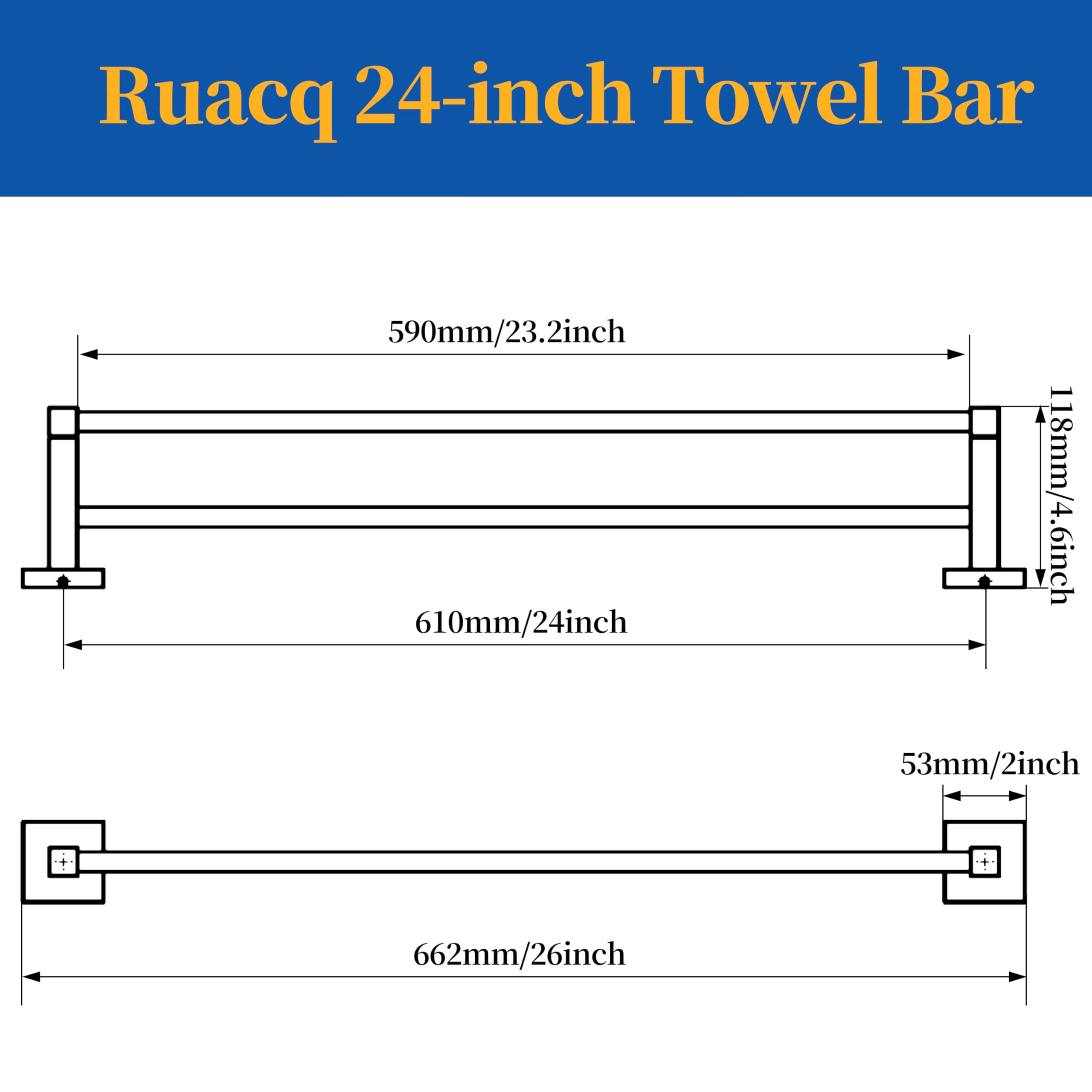 RUACQ Doppel-Handtuchstange, 61 cm, Badetuchhalter für Badezimmer, quadratischer Sockel, Handtuchhalter, 304 Edelstahl, Handtuchhalter, Wandmontage, strapazierfähig (Chrom)