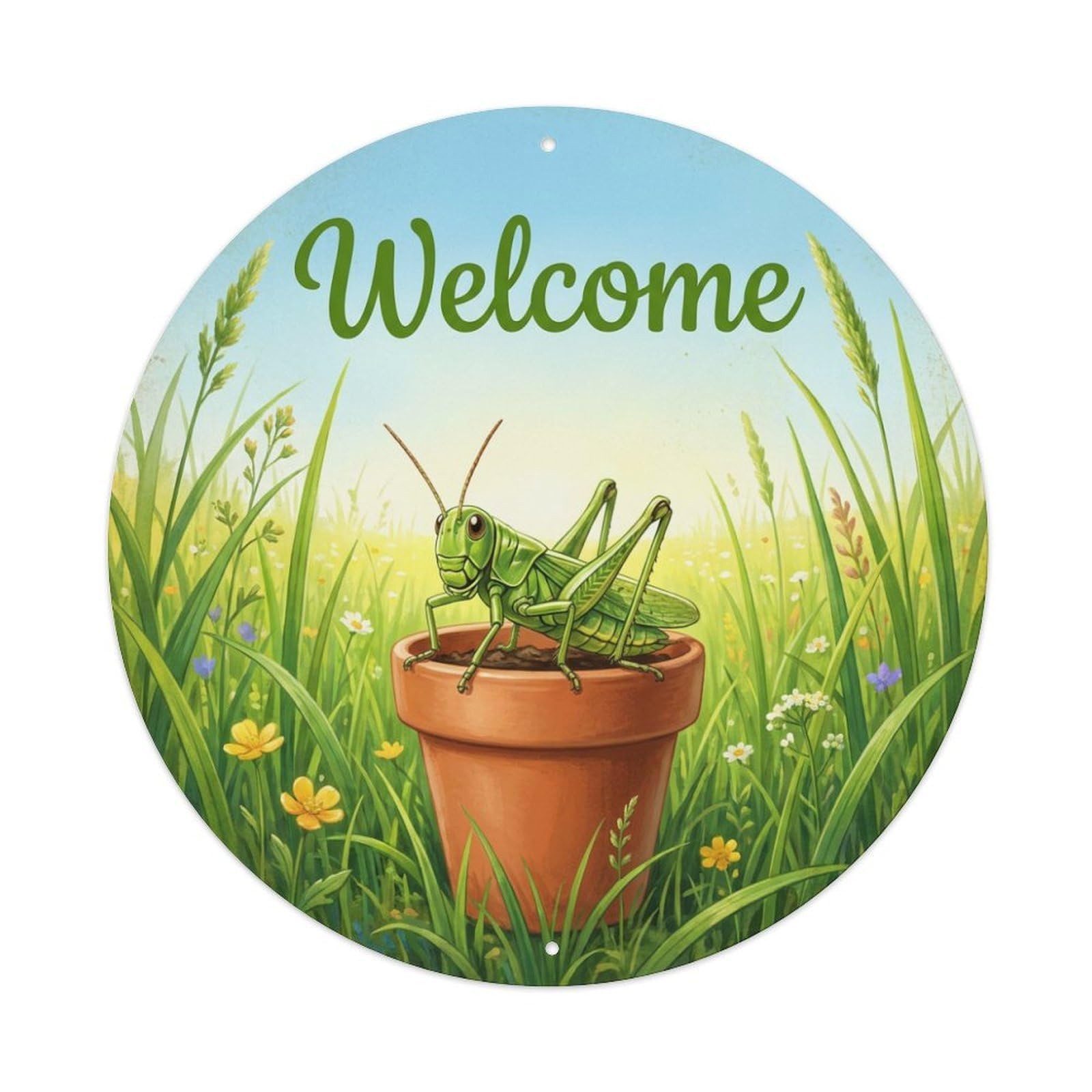 Metal Tin Sign Welcome Grasshopper Meadow Grass