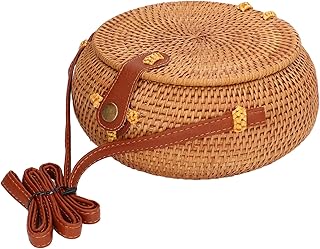 Bolsa de vime feita à mão, bolsa de ombro feminina redonda elegante tecida à mão com alça de couro, bolsa de vime redonda portátil tecida à mão para viagens diárias de praia(oval natural color)