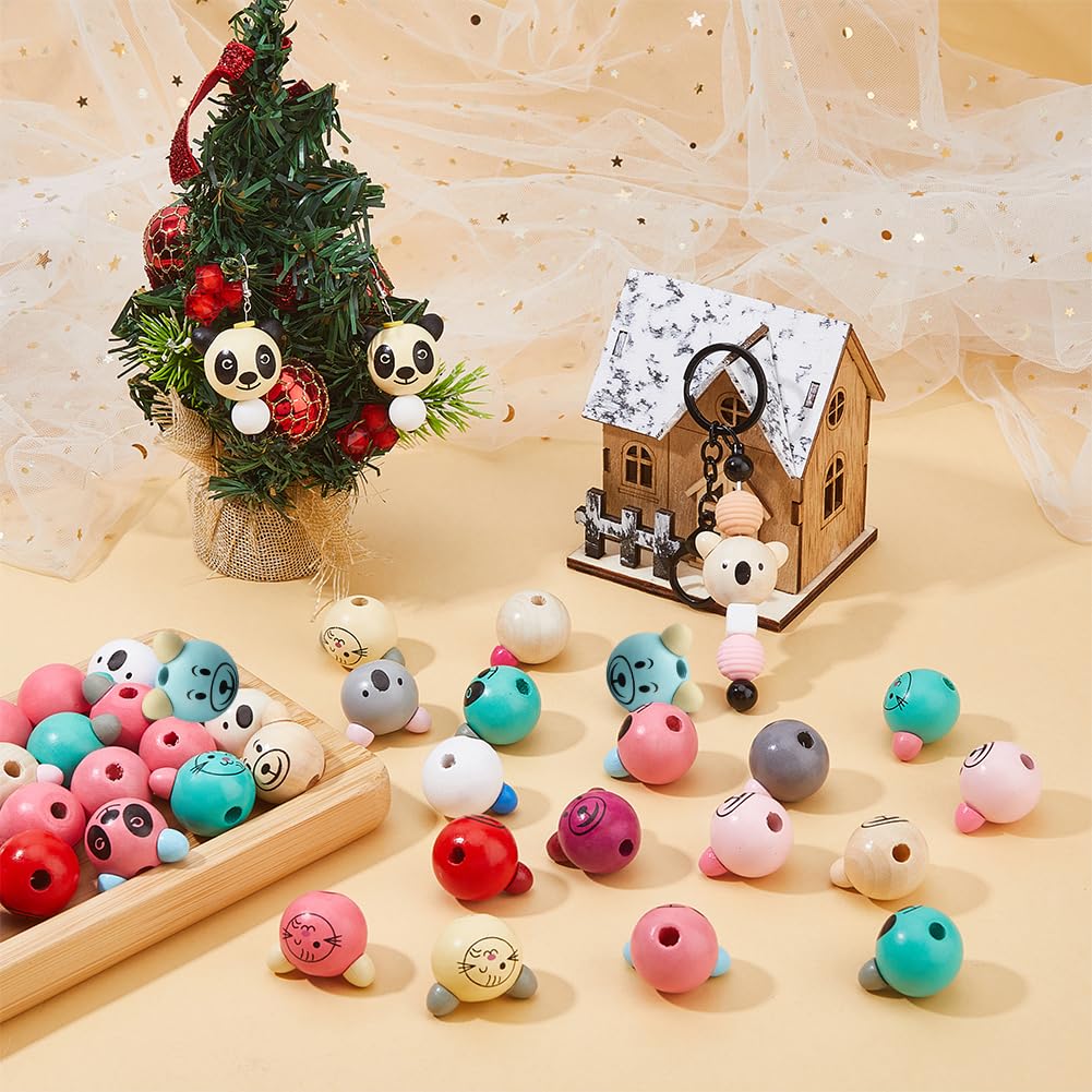 DICOSMETIC 40 piezas cuentas de madera pintadas cabeza de oso perlas redondas de madera natural perlas espaciadoras koala panda granel perlas para la fabricación de collares de pulseras y joyas