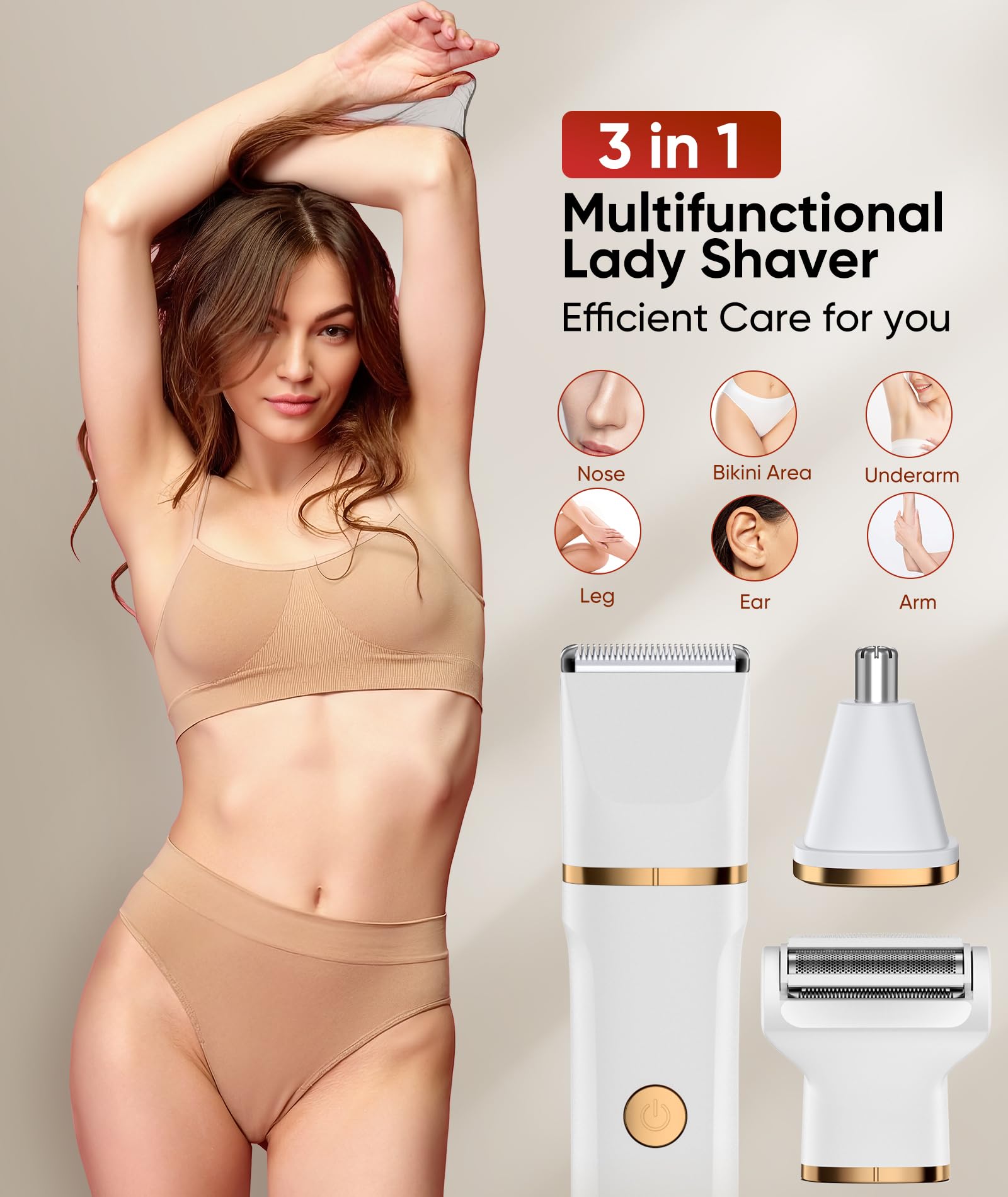 Lady Shavers for Women 3-in-1,Bikini Trimmer Woman IPX7 Waterproof,Nose Trimmer Rechargeable,Pubic Hair Trimmer for Women Wet and Dry,Painless Electric Foil Shaver for Body,Arms Legs Underarms, White - 4