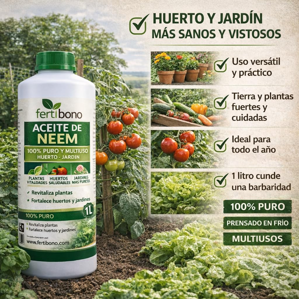 FERTIBONO Aceite de Neem 100% Puro, 1 L, Prensado en Frío, Multiusos para Plantas, Huerto y Jardín