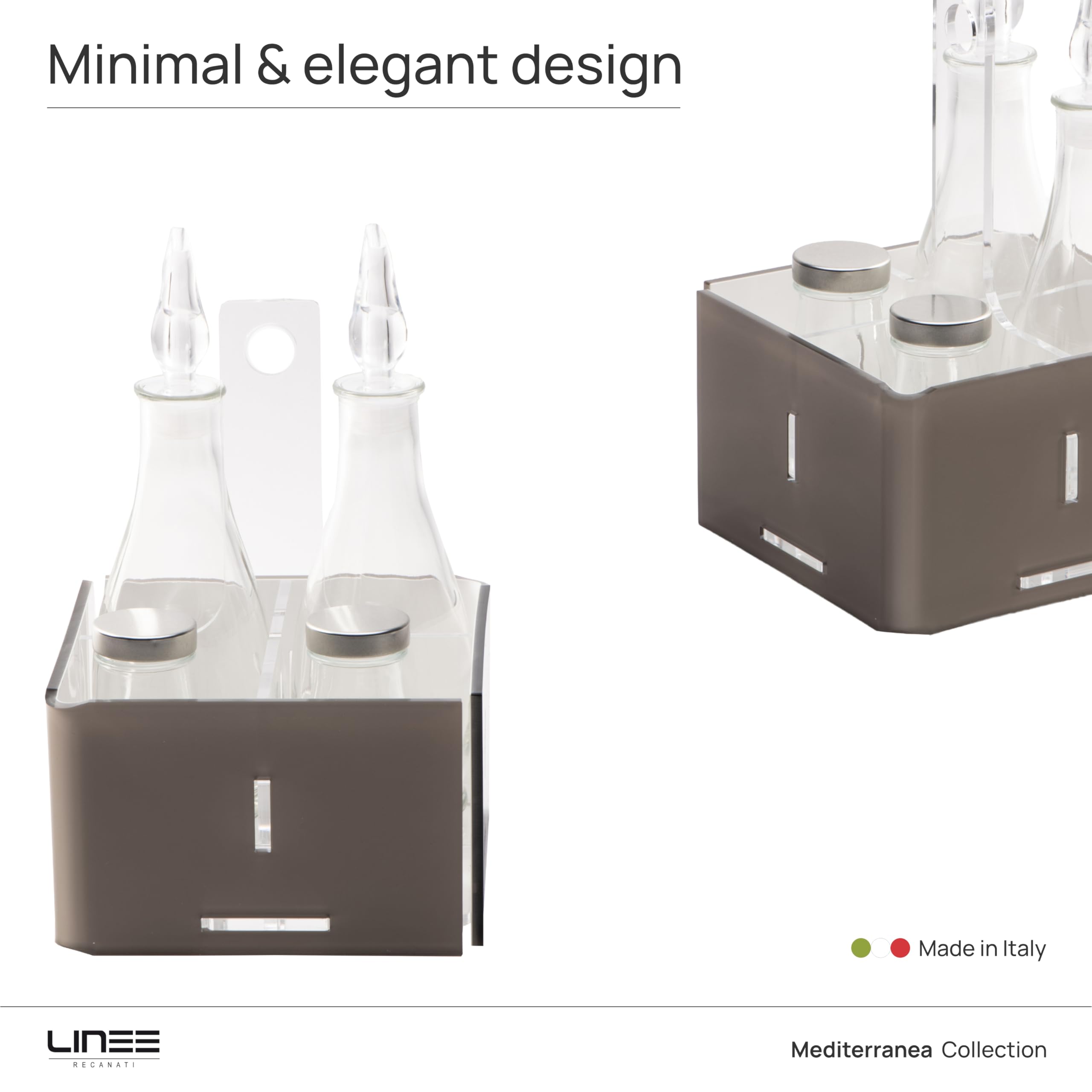 LINEE Recanati Menage Menage Menage Gewürzdosen-Set für Öl, Essig, Salz und Pfeffer, aus PMMA und Glas, 17 x 17 x 23 cm, dekoratives Design für den Tisch, hergestellt in Italien (Transparent/Weiß)