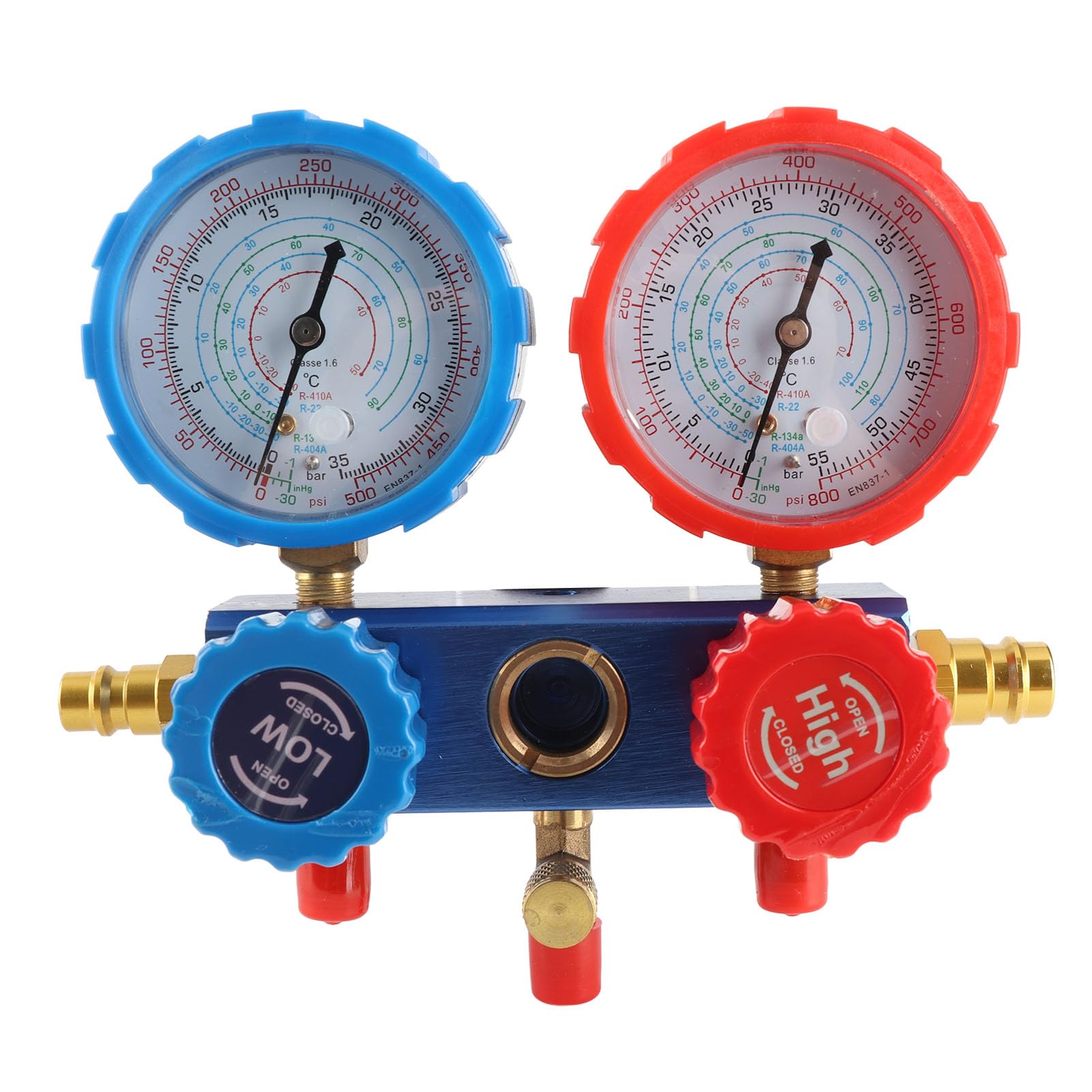 AMONIDA Juego de Manómetros de CA de 3 Vías, Herramienta de Carga de Diagnóstico HVAC de Alta Resistencia, Juego de Manómetros con Adaptador de Acopladores Rápidos de Manguera de 5 Pies para
