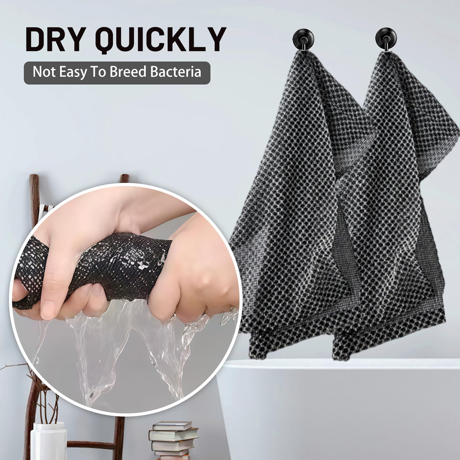 Lot de 3 Serviettes Exfoliantes, Serviette de Douche Antibactérienne Longue, Gommage du Corps pour Homme et Femme, Élimination des Peaux Mortes, Noir