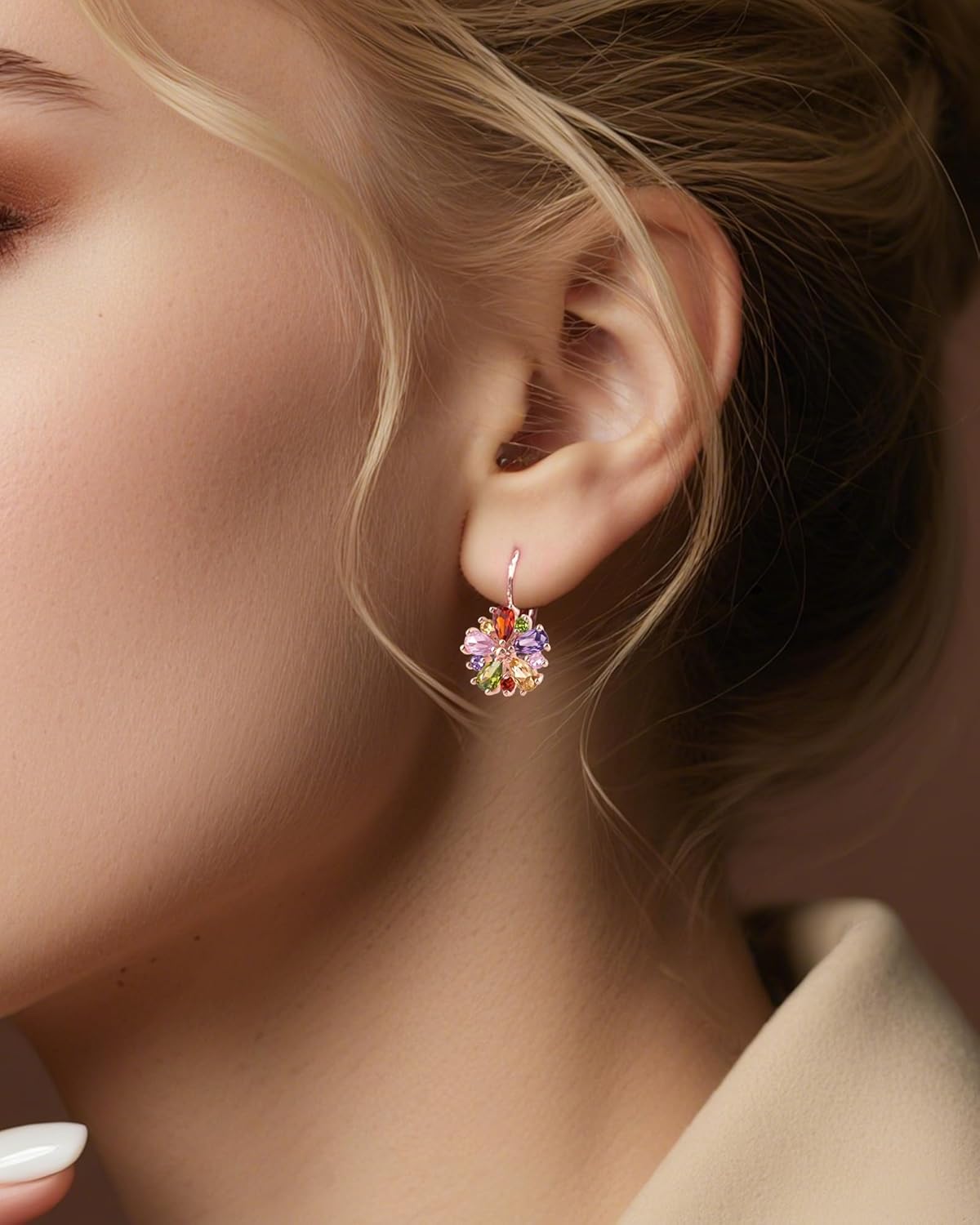 Vintage 14K Gold Plated Flower Birthstone Earrings - Hypoallergenic Leverback Floral Earrings, Trendy Jewelry Gift for Women - Image 2