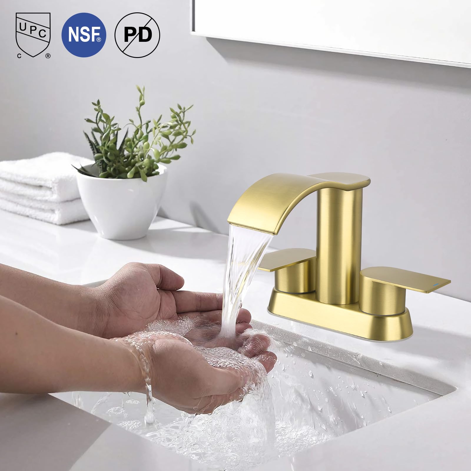 Wasserfall-Waschbeckenarmatur – Gebürstetes Gold, Zwei Griffe, Mit Pop-Up-Ablauf, Für Einzelloch Oder 3-Loch-Montage