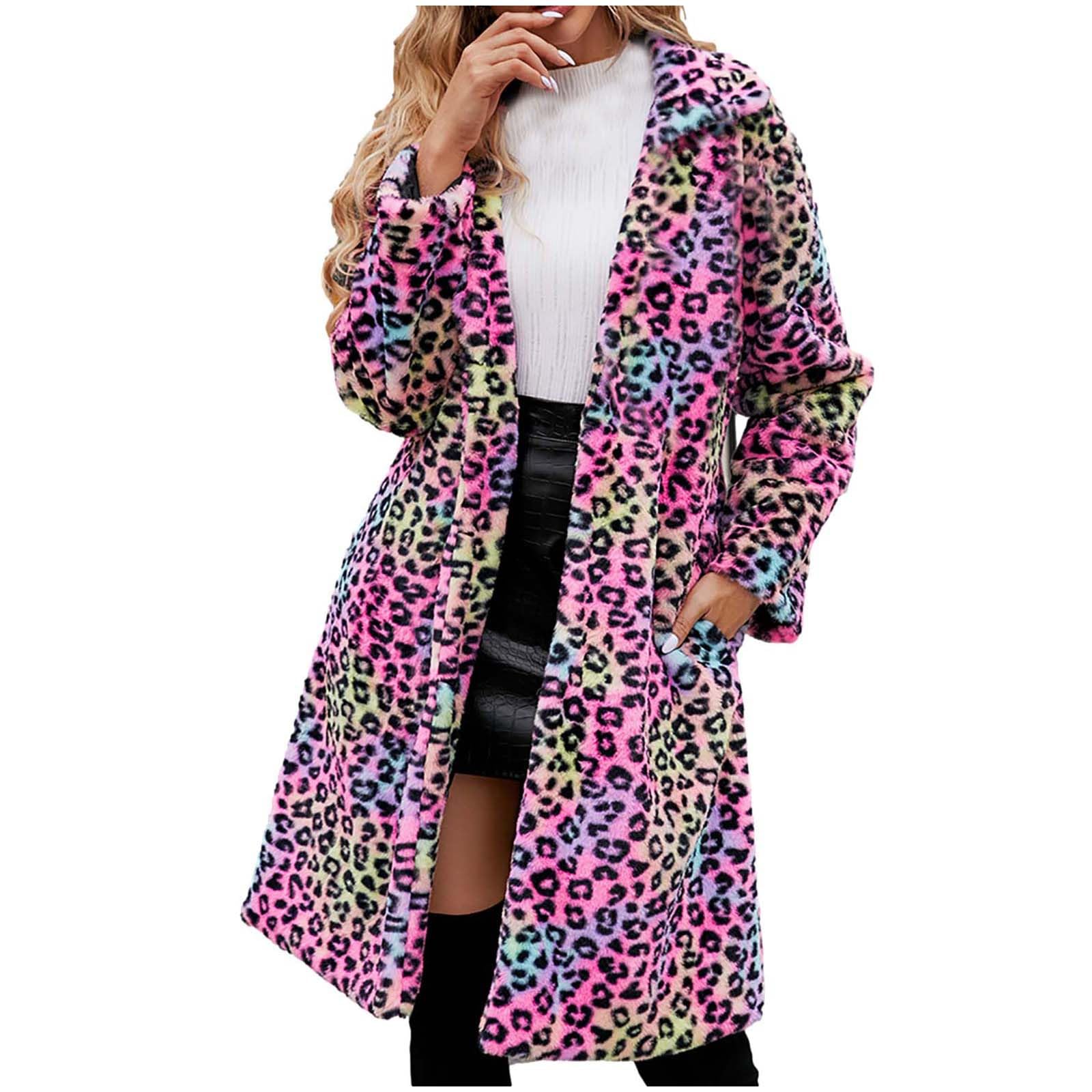 Rosa Leopard Pelzmantel Damen Kunstfell Winterjacke Lange Kunstpelze Jacke Dicke Warme Mantel Langarm Umlegekragen Felljacke Wintermantel Große Größen Fellmantel Winter Pelzjacke Übergangsjacke 3XL