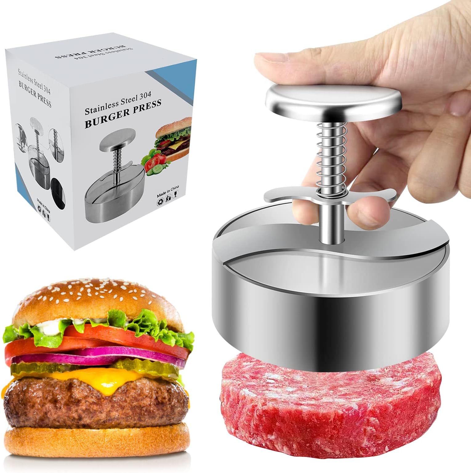Burger Press, Adjustable Hamburger Meat Press, 304 Stainless Steel Non Stick Patty Press, BPA Free, Suitable for Beef, Burgers and Cooking, Ideal for BBQ and Homemade Hamburge