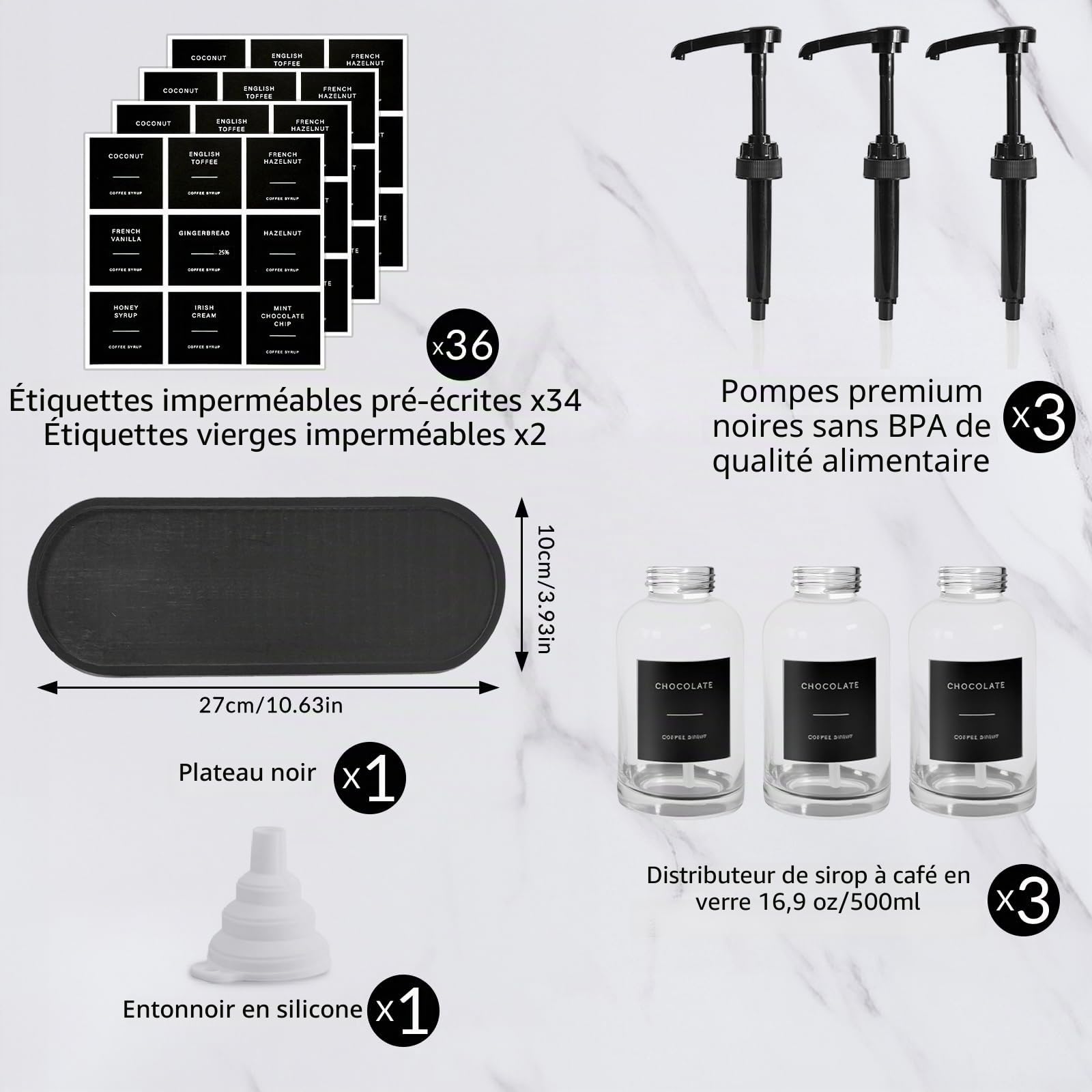 Sunal Lot de 3 distributeurs de sirop en verre avec plateau - Pompe de 0,6 l - Étiquettes et entonnoir étanches - Bouteille pompe à sirop de 500 ml - Pour bar à café et cuisine - Noir