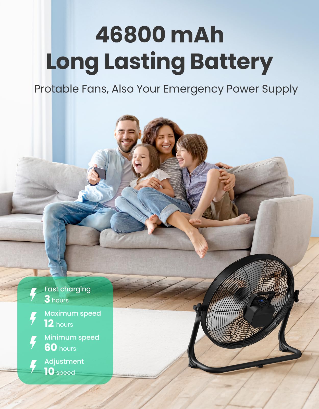 Ventilatore da pavimento portatile da 45,7 cm, a batteria, ricaricabile ad alta velocità, ricarica USB per telefono, durata 12-60 ore, silenzioso, wireless, flusso d'aria, per campeggio, casa