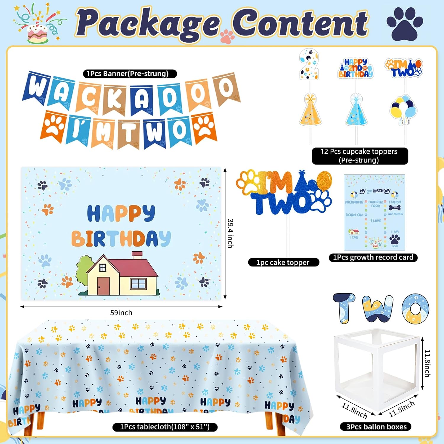 Blue Dog 2nd Birthday Party Supplies Blue & Orange Themed Second Birthday Decorations Backdrop Balloons Arch Box High Chair Banner Bday Party Idea for Baby Boys|Girls