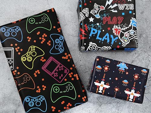 Miniatura 6 de Papel de regalo de cumpleaños para niños y niñas, amantes de los videojuegos, papel de regalo de videojuegos de 4 estilos, 8 hojas plegadas planas