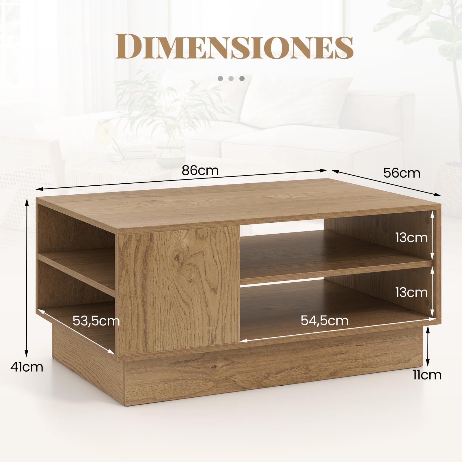 COSTWAY Mesa de Centro Moderna, Mesa Rectangular con 2 Estantes Abiertos, Mesa Auxiliar para Salon, Sala de Recepción, Sala de Espera, 86 x 56 x 41 cm (Natural)