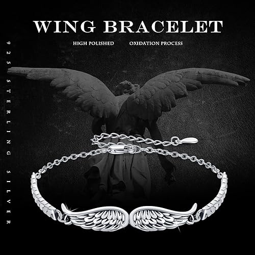 Miniatura 6 de OHAYOO Pulsera de alas de ángel vintage de plata esterlina para mujeres y hombres, pulseras de alas ajustables, pulseras inspiradoras de ángel