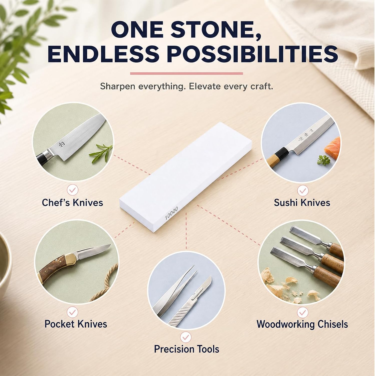 Premium 10000 Grit Whetstone Sharpening Stone - White Corundum Water Stone | for Fine Polishing & Honing - Professional Knife Sharpener for Kitchen Knives, Razors, Chisels & Woodworking Tools