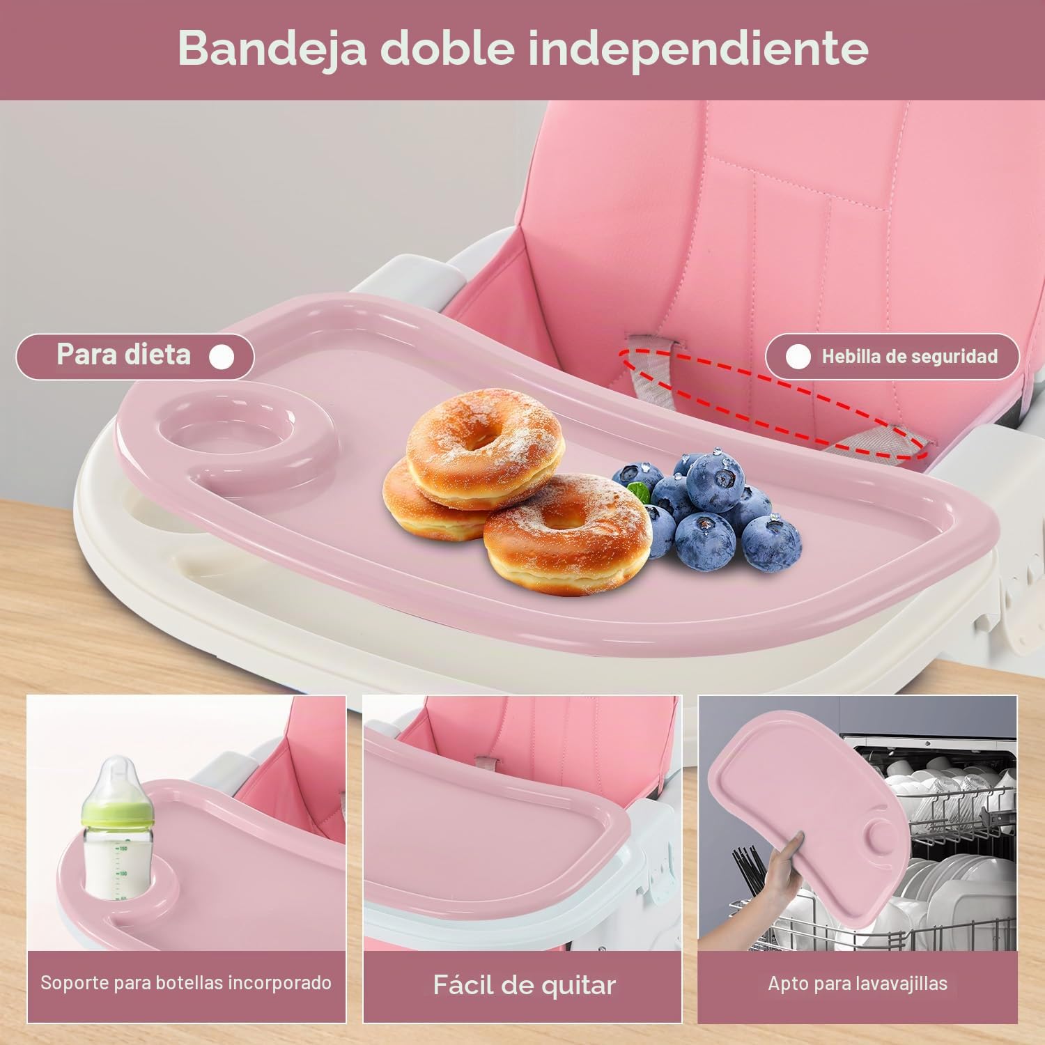 Trona ajustable 4 en 1, asiento de alimentación alto, silla de mesa para niños pequeños, trona con tabla de comedor y cinturón de seguridad de 3 puntos, rosa (rosa)