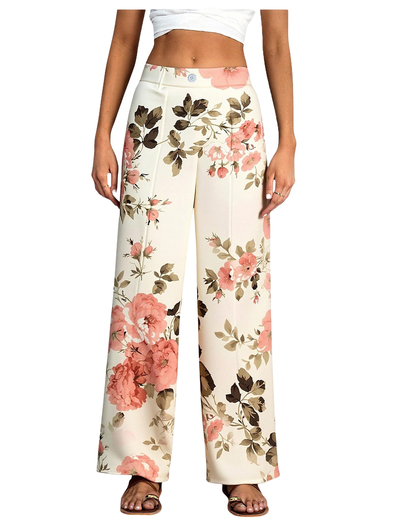 Womens Elegant Floral Print High Waisted Pants Dressy Casual Straight Leg Trousers