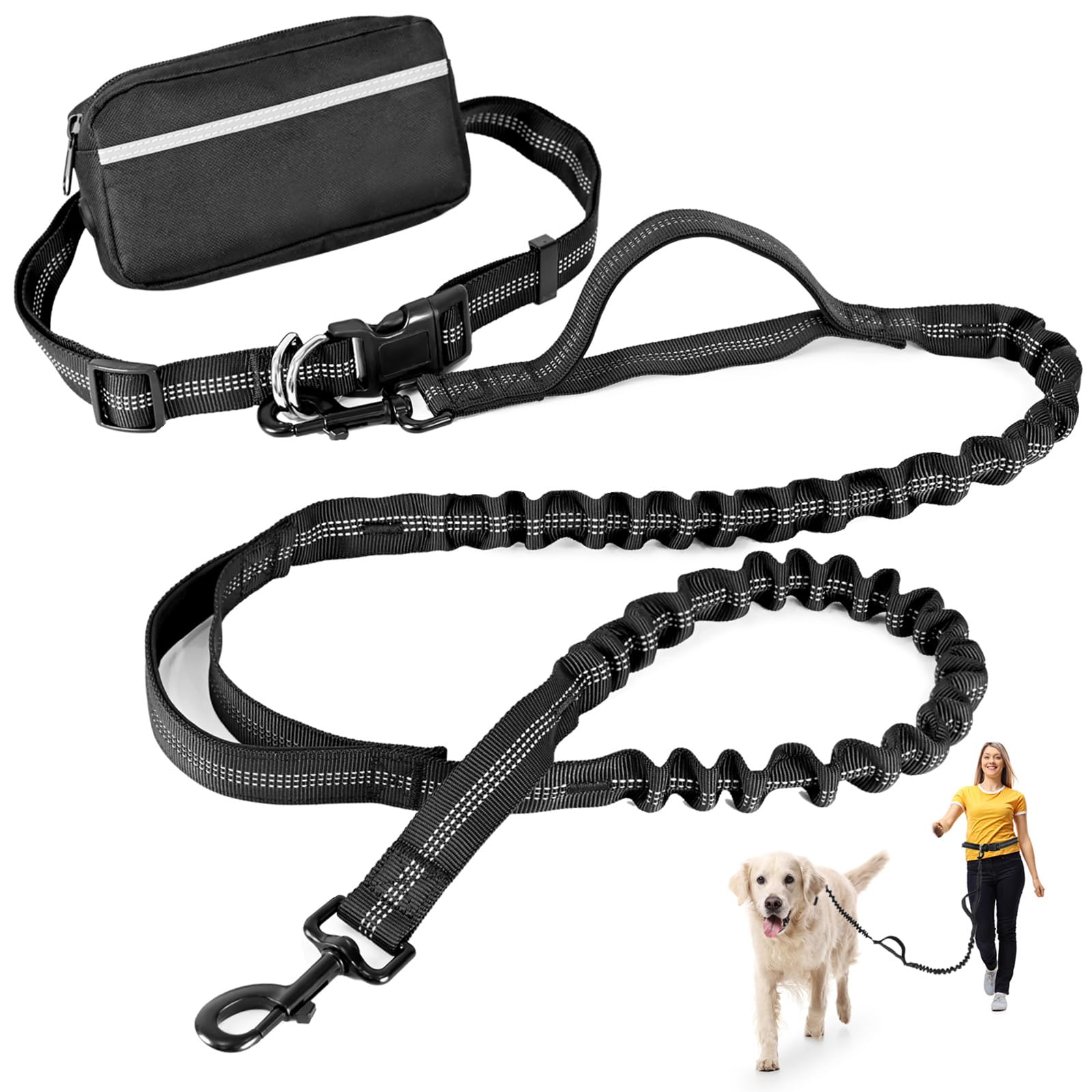 Hands Free Dog Leash with Zipper Pouch, Retractable Bungee Waist Leash with Dual Padded Handles & Waist Belt Fanny Pack for Medium & Large Dog Training Walking Running Hiking Jogging (Black)