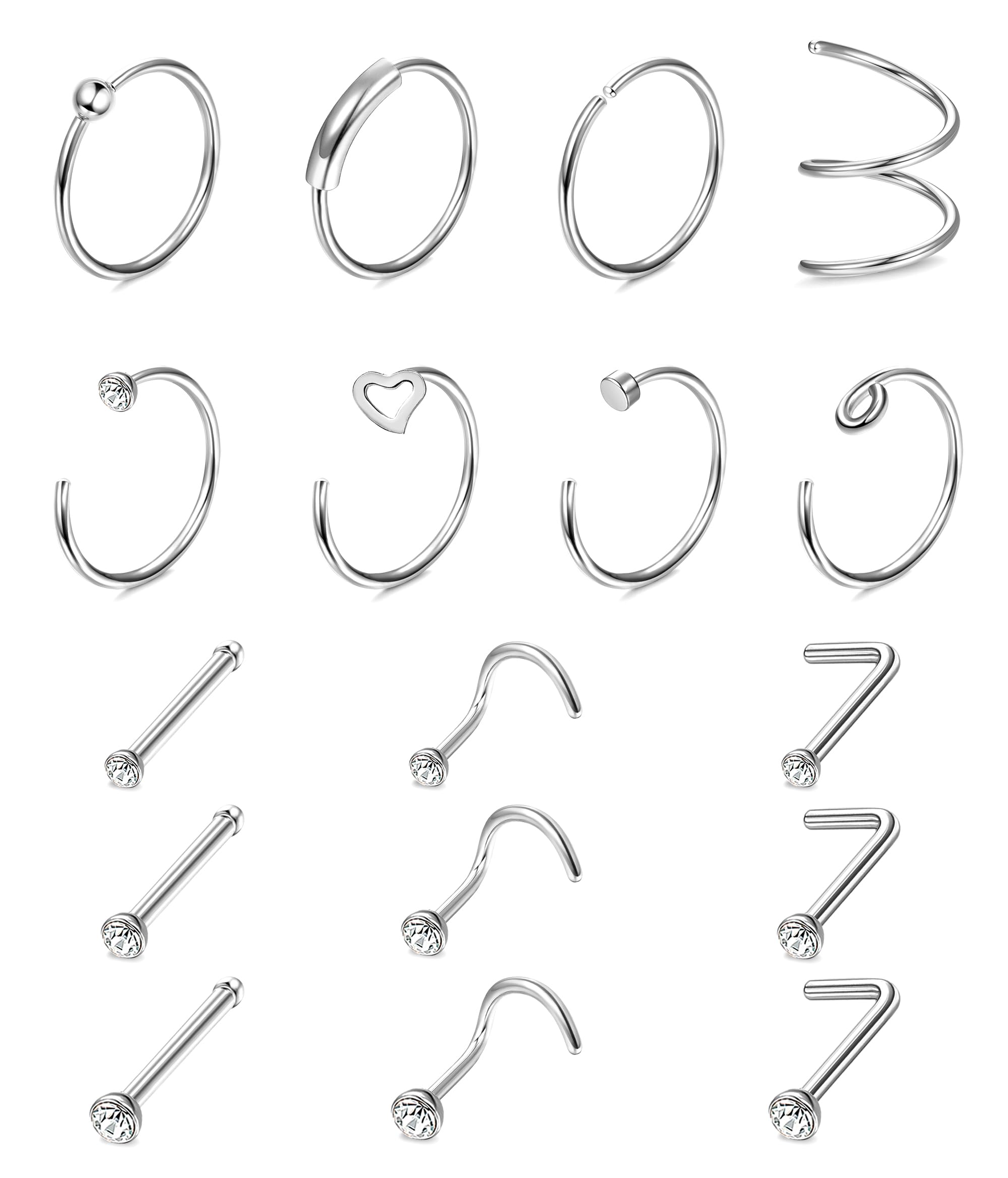 ADRAMATA17 Pcs 20G G23 Titanium Nose Stud for Women Men CZ Hypoallergenic Nose Ring Hoop Cartilage Helix Piercing Earrings Titanium Nose Ring Piercing Nose Stud Silver Gold Nose Piercings Jewellery