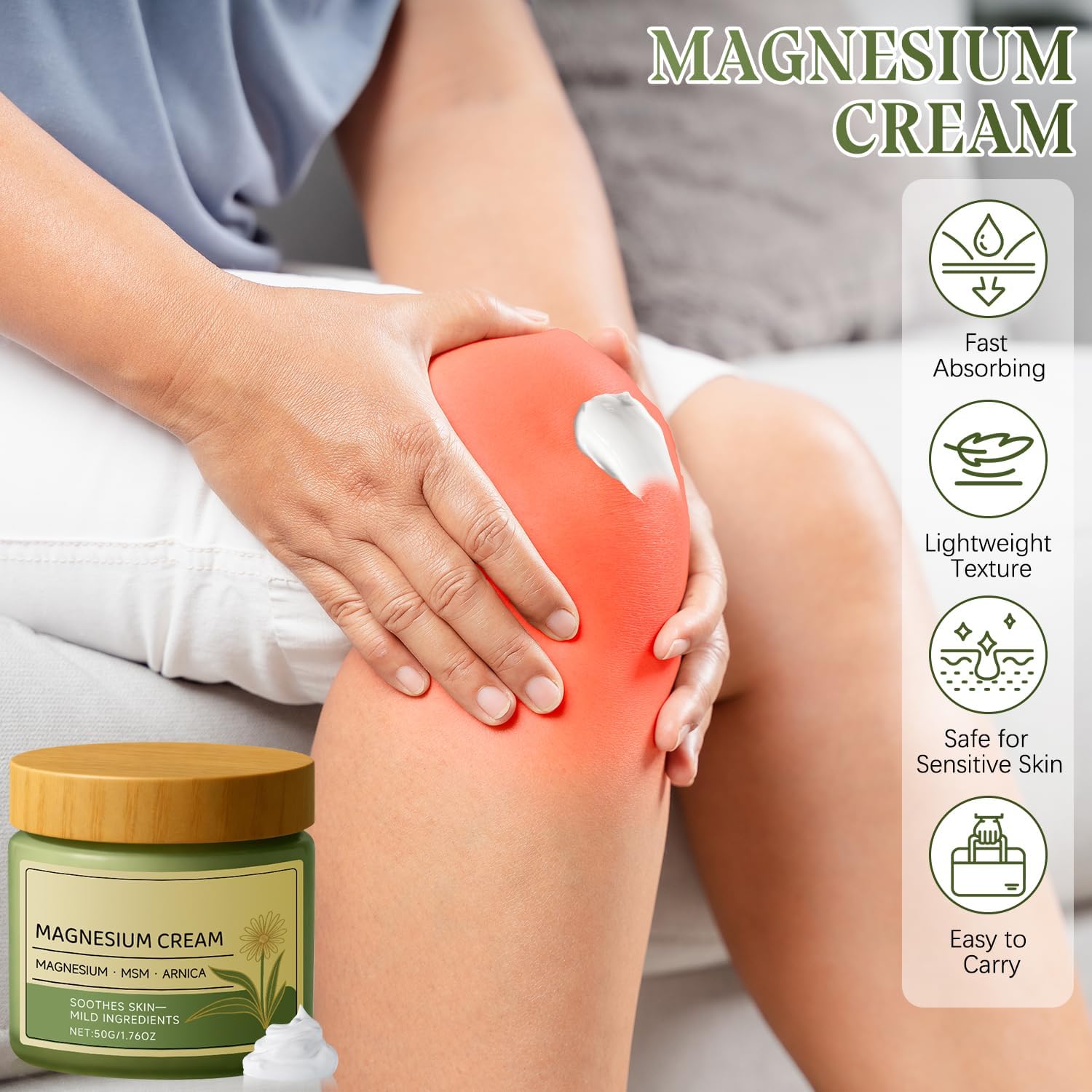 Totalrelief Magnesium Cream with MSM & Arnica,Nerve Relief Mild Ingredients for Skin Soothing,Fast-Absorbing Non-Greasy Massage Cream for Daily Comfort — view 3