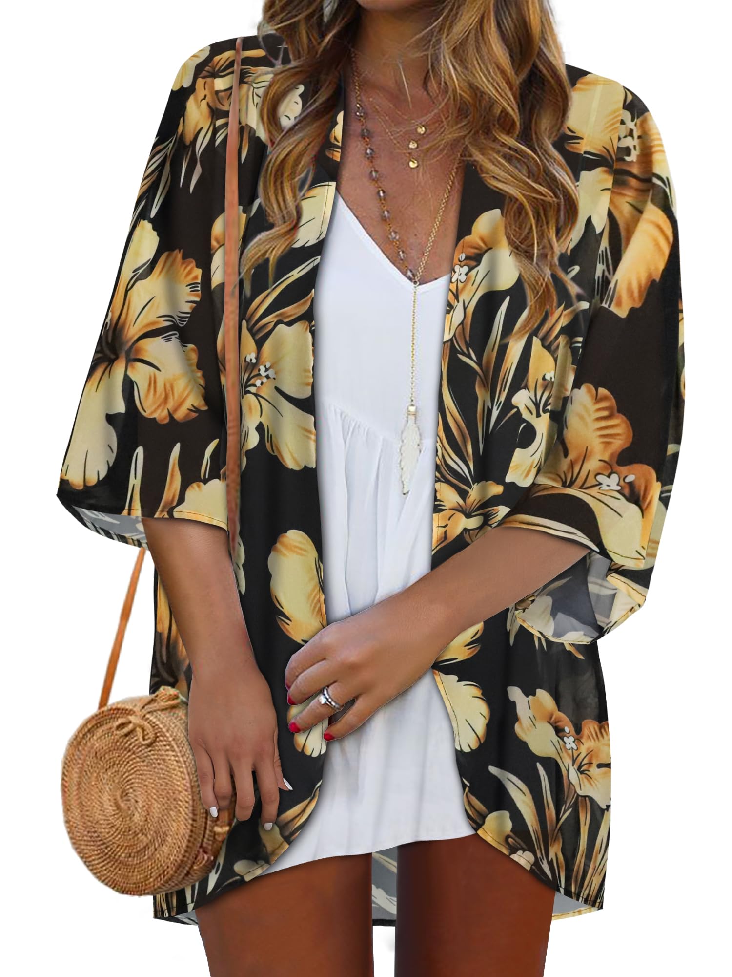 ADOREJOY Women's Tops Summer Kimono Cardigan Floral Print Puff Sleeve Swimsuit Cover Up Casual Loose Fit Blouse — view 21
