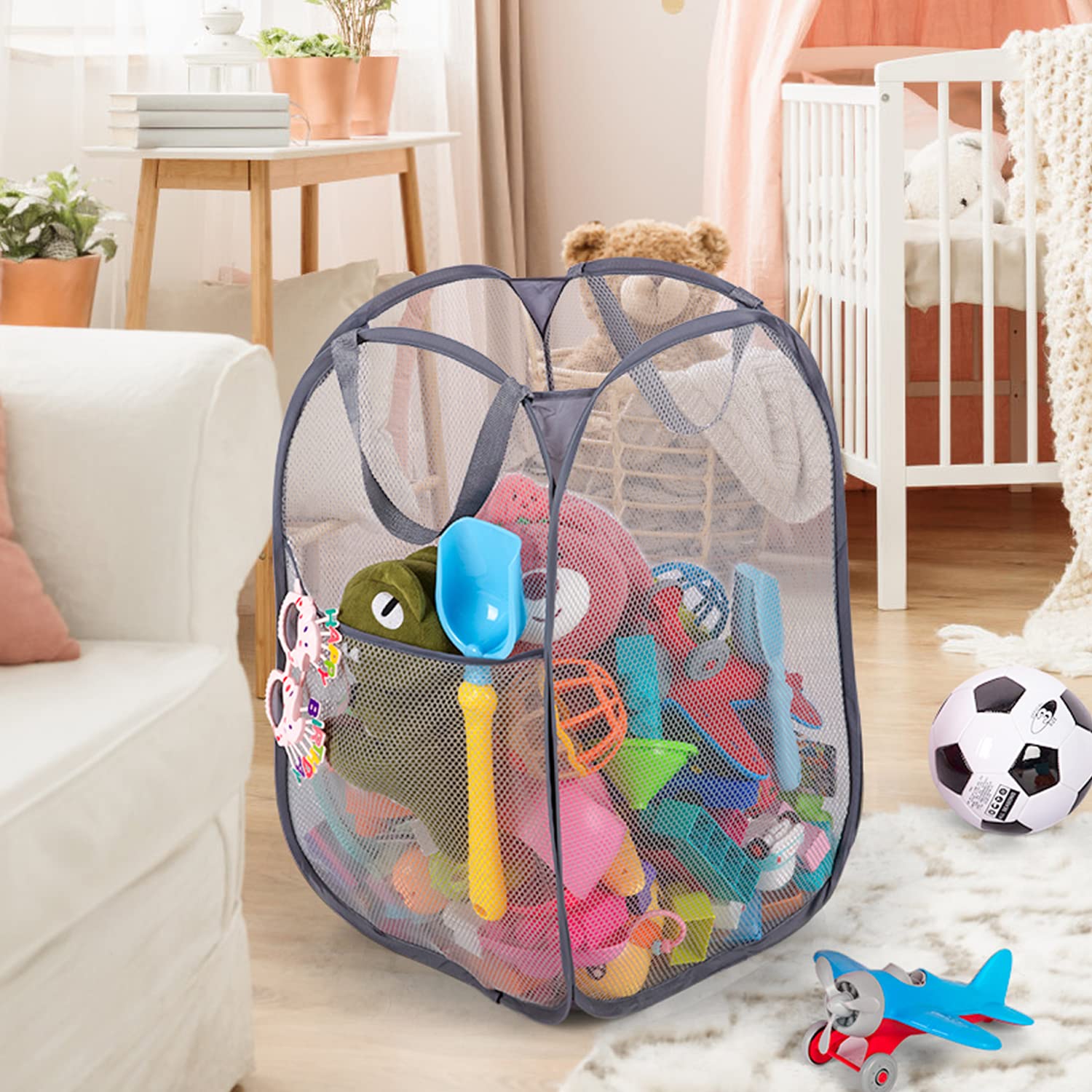 Cesto portabiancheria pop-up in rete resistente con tasca laterale per lavanderia, bagno, camera dei bambini, dormitorio universitario o viaggi, grigio
