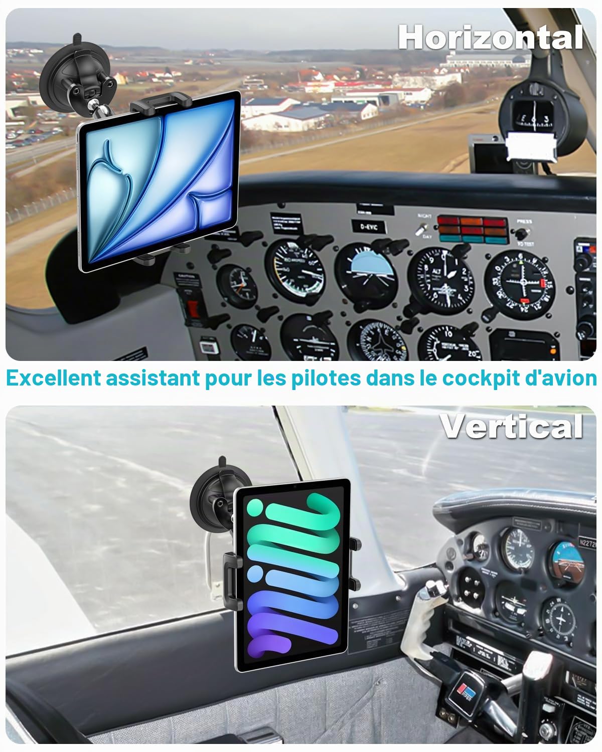 Support Tablette Pilote, Support Tablette pour Avion Cessna Pare-Brise [Ventouse Puissante], Bras Métallique Rotatif à 360° Porte d'aviation pour iPad Mini Air Pro, Galaxy Tab, iPhone, 4~13